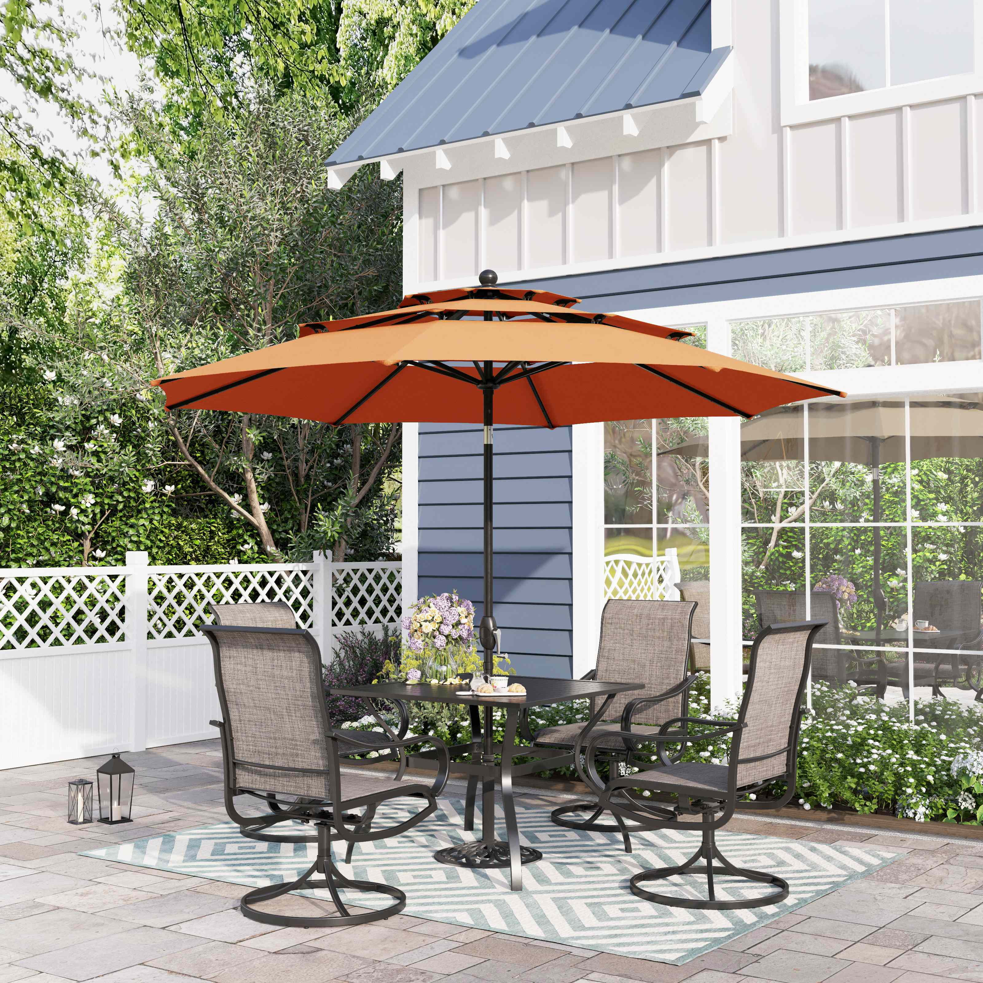 Sophia & William 6-Piece Outdoor Patio Dining Set with 10 FT Orange Red Umbrella, Textilene Chairs & Square Table Furniture Set for 4