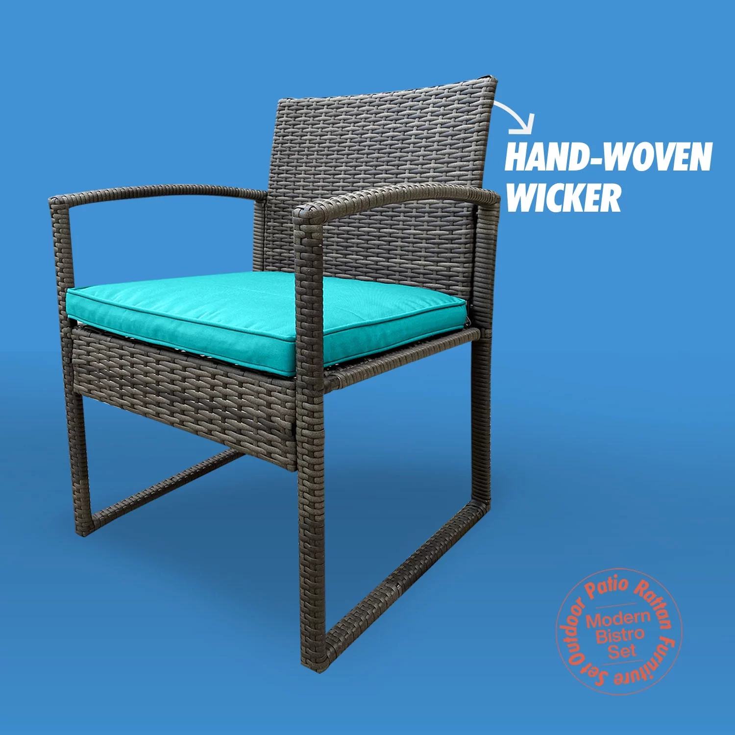 Grace 3-Piece Modern Rattan Patio Furniture Set -Two Plush Cushioned Chairs With Solid Glass Coffee Table - Light Blue