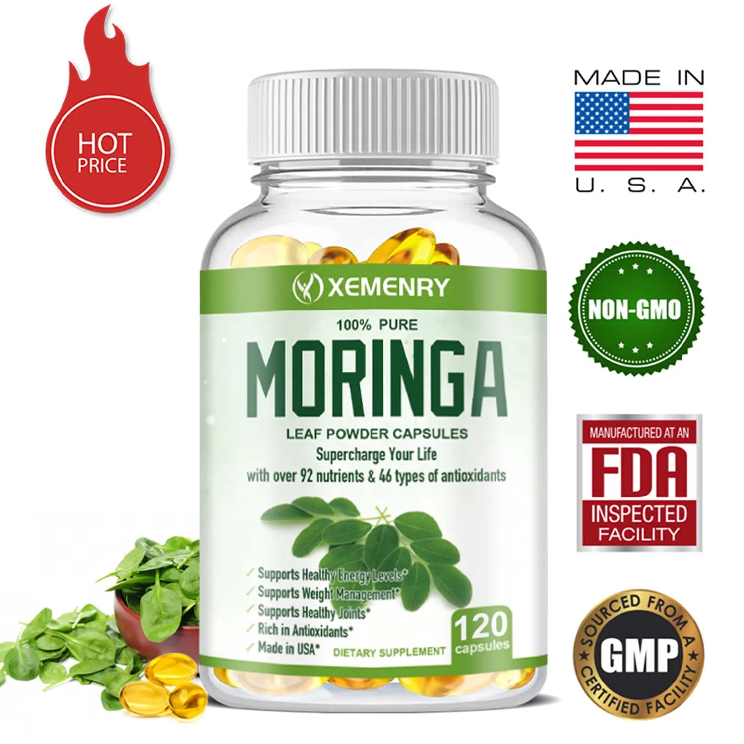 Xemenry Moringa 1000mg -100% Pure Natural Green Superfood, Energy Booster, Antioxidant(30/60/120pcs)