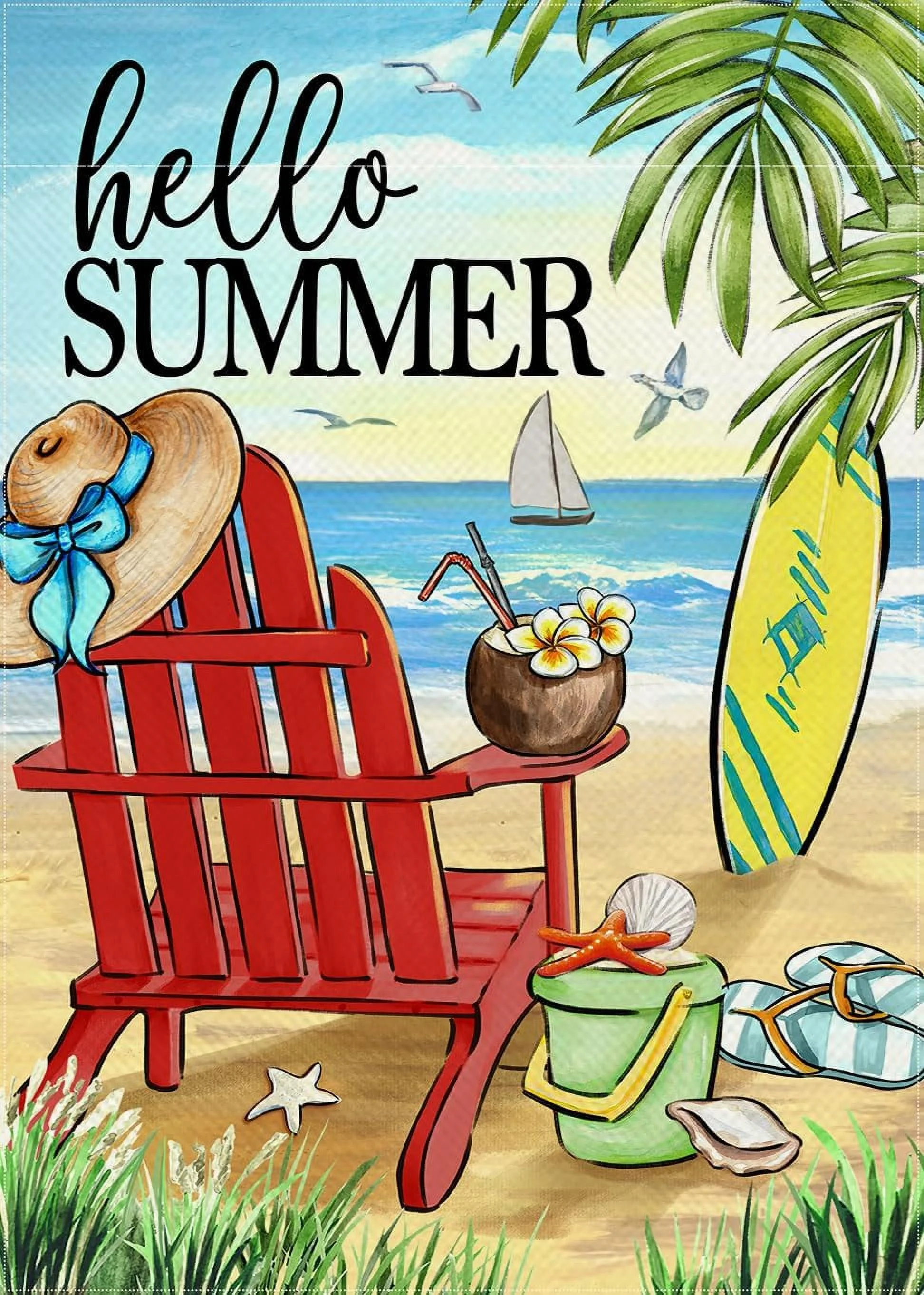 Hello Summer Beach Red Chair Decoration Garden Flag, Tropical Hawaii Palm Leaf Coastal Courtyard Outdoor Decoration, Nautical Surfboard Hat Outdoor Small Home Decoration Double-Sided 30.48X45.72cm