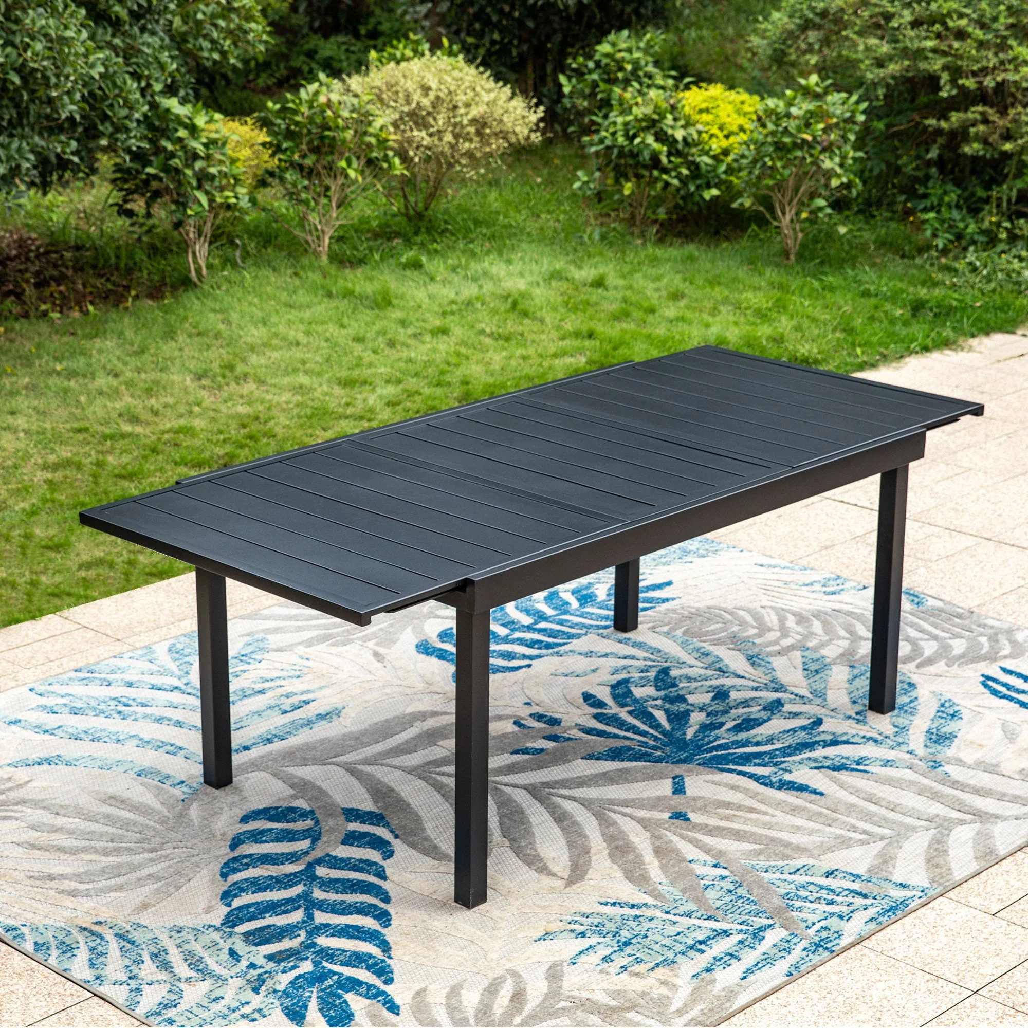 Summit Living 8-Seat Expandable Outdoor Dining Table, Metal Steel,Slatted Table Top, Black