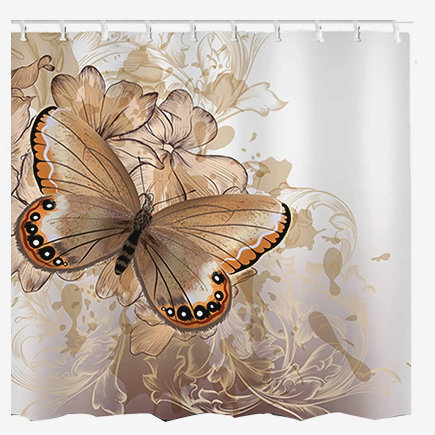SPXUBZ Golden Brown Shower Curtain, Butterfly on The Plant with Floral Bathroom Decoration Waterproof Fabric Bathroom Curtains with 12 Hooks 72 X 72 Inches
