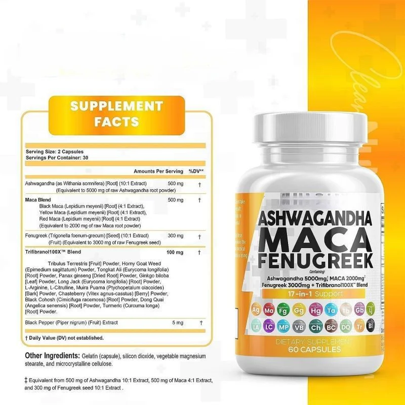 Ashwagandha 5000mg Maca Root 2000mg Fenugreek 3000mg Supplement with Tongkat Ali Ginseng - Assists with Stress, Mood & Thyroid Health - Ashwagandha Capsules Maca Pills Fenugreek Caps - 60 Count
