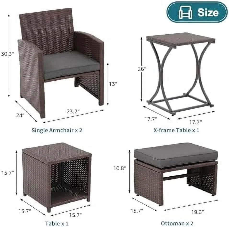 LNSETGC 6 Piece Patio Wicker  Set  Balcony All Weather Rattan Chair  with Space Saving Ottoman  Resin Nesting Coffee Table  Modern Design  Dark Grey
