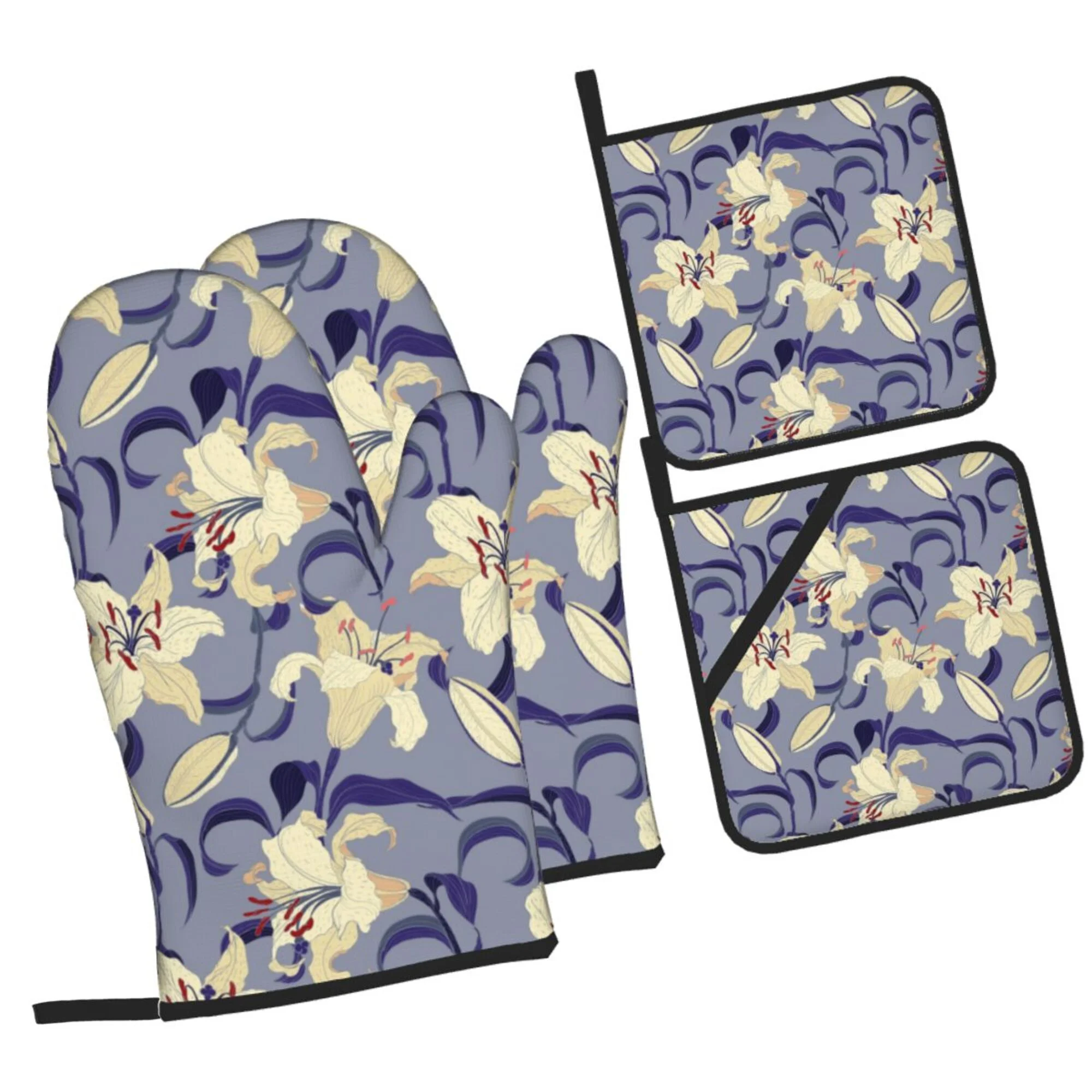 ZICANCN Oven Mitts and Pot Holders Sets, Oriental Lilies Floral Violet Baking Sets Kitchen Heat Resistant 4 Pieces