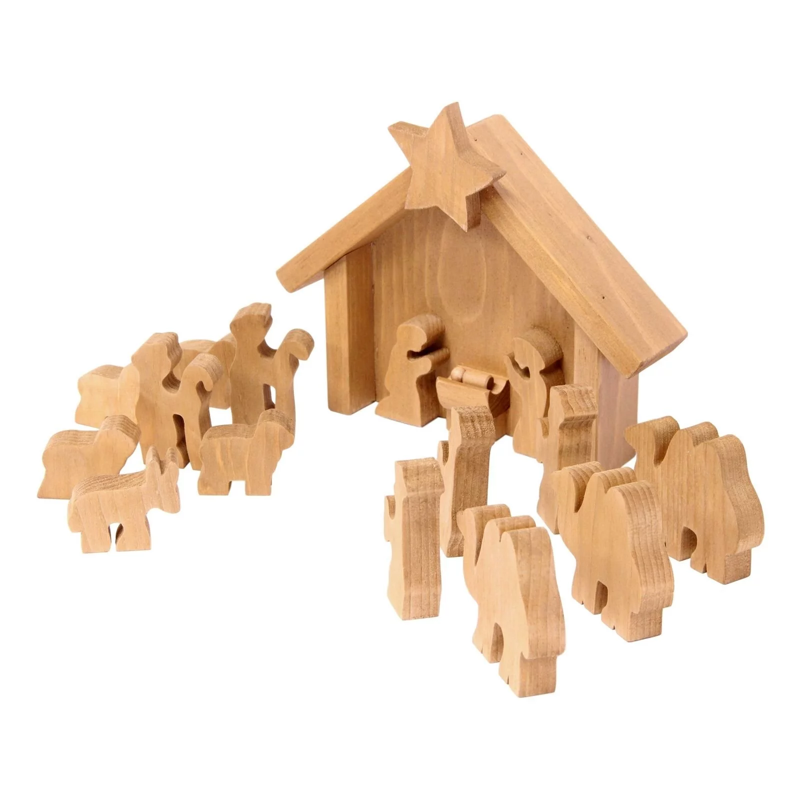 Amish-Made Wooden Nativity Manger Scene Set, 14 Pieces Harvest Stain Finish