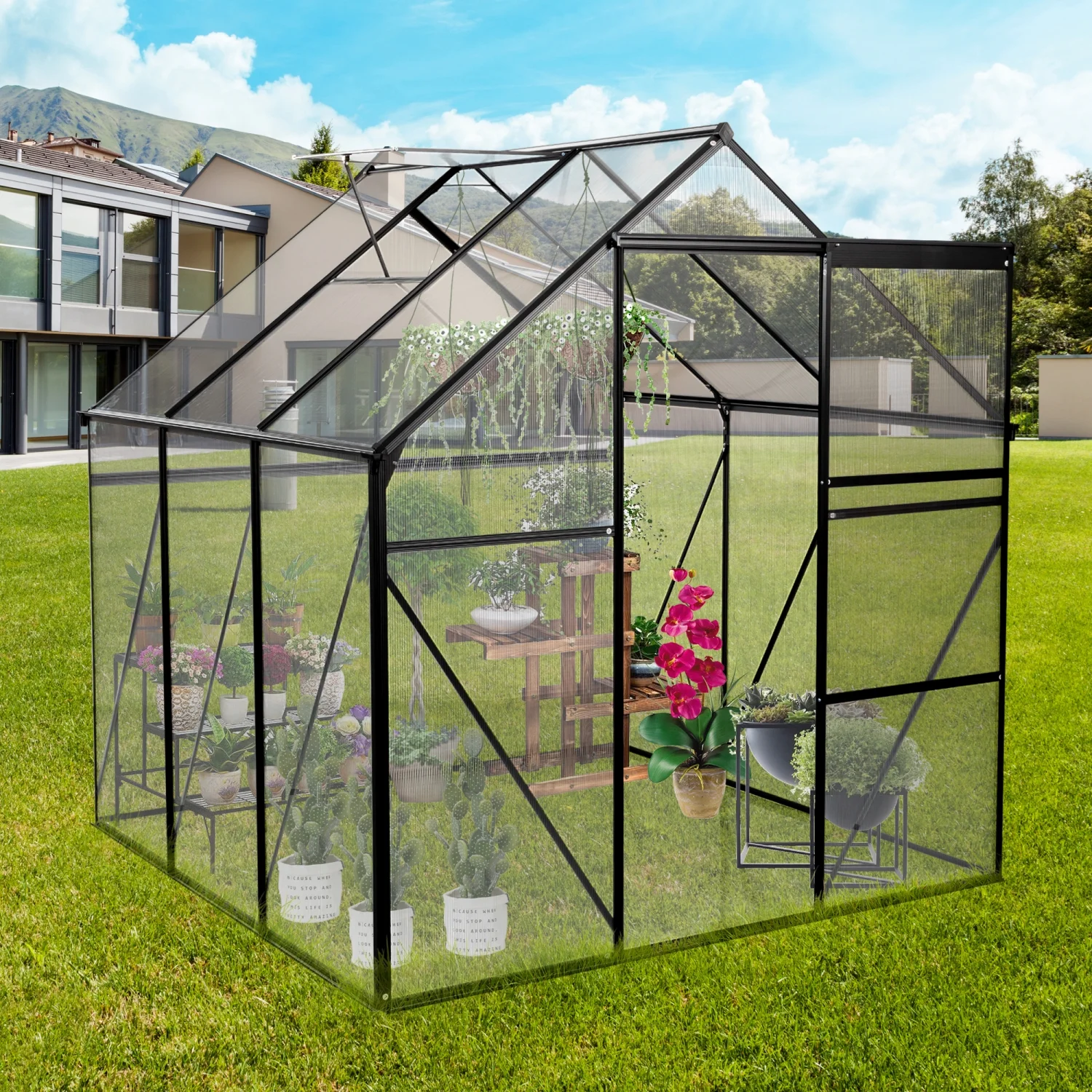 Sturdy and Dependable 6X6FT Black Polycarbonate Greenhouse with Raised Base and Anchor Aluminum - Heavy Duty Structure for All Season Outdoor Gardening - Model W540S00002