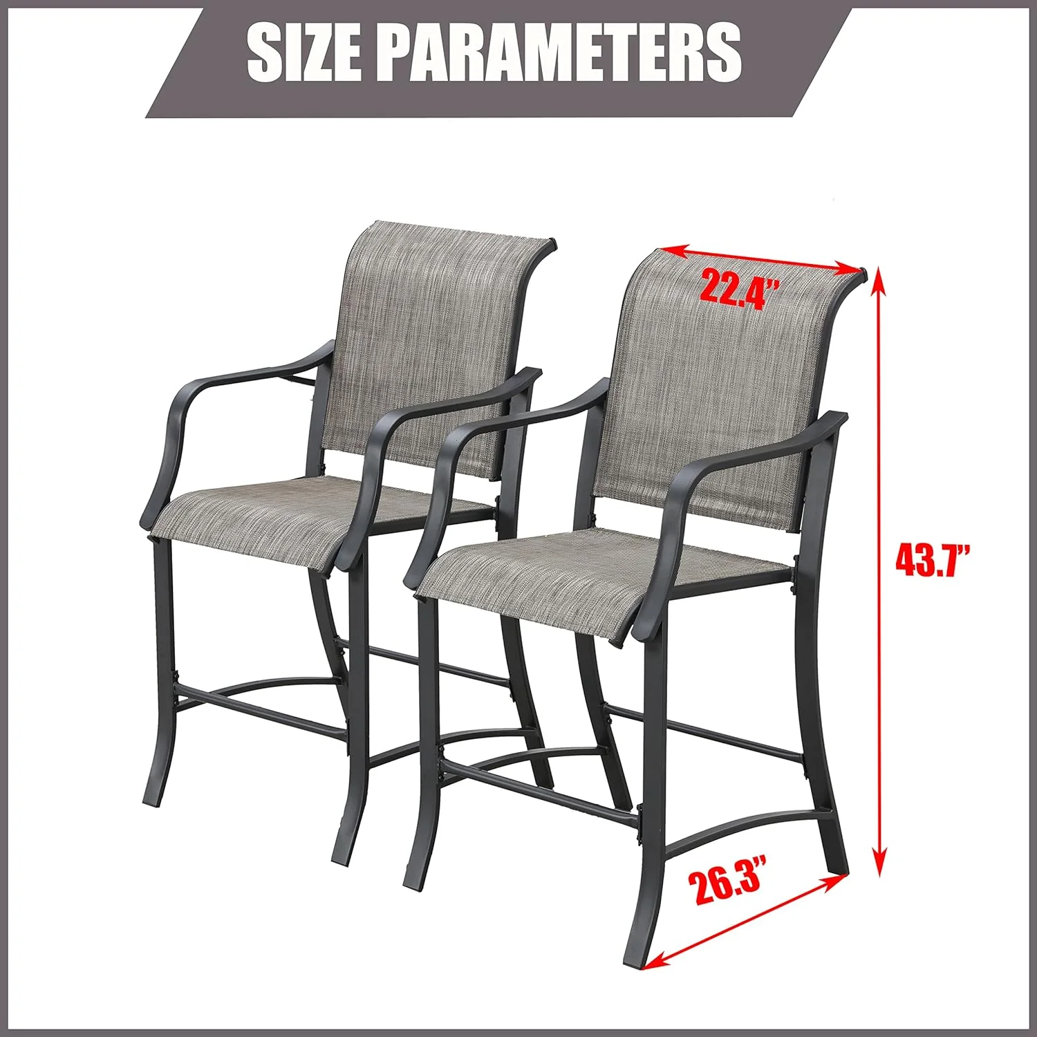 2 Pieces Outdoor Counter Height Bar Stools Patio Furniture Metal Armchair Set, Grey
