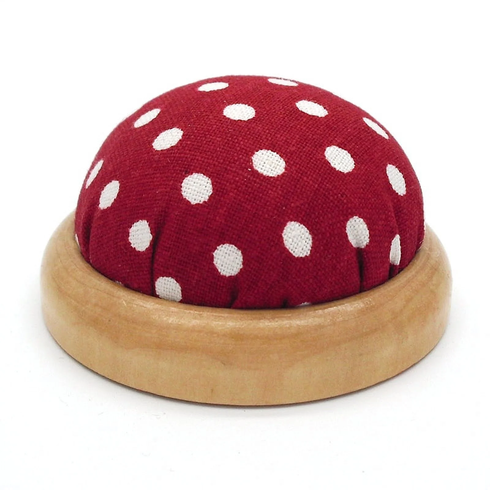 NAMZI Round Pin Cushion with Wooden Base and Printed Floral Fabric Coated for Daily Needlework (Red)