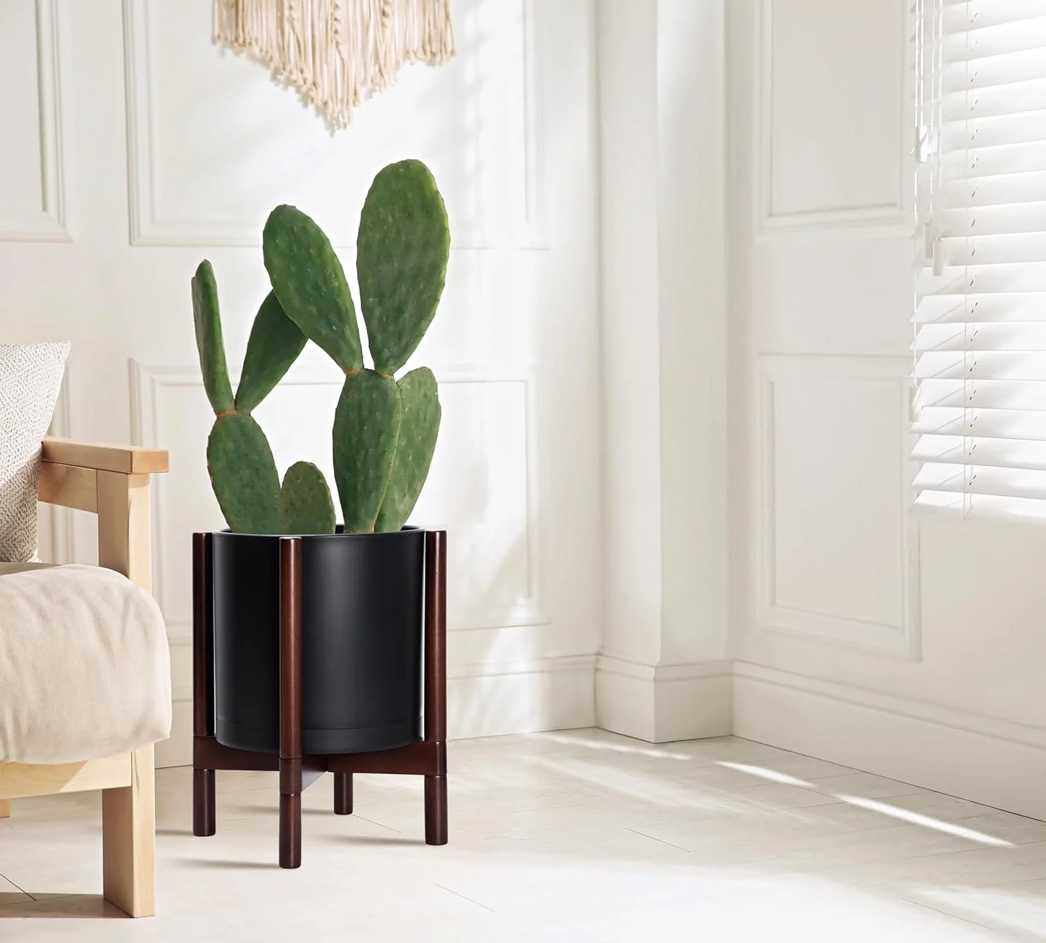 Planter Pot with Stand - 14 Inch Plastic Cylinder Flower Pot with Wood Planter Holder for Indoor, Black, 75-D-XL-2