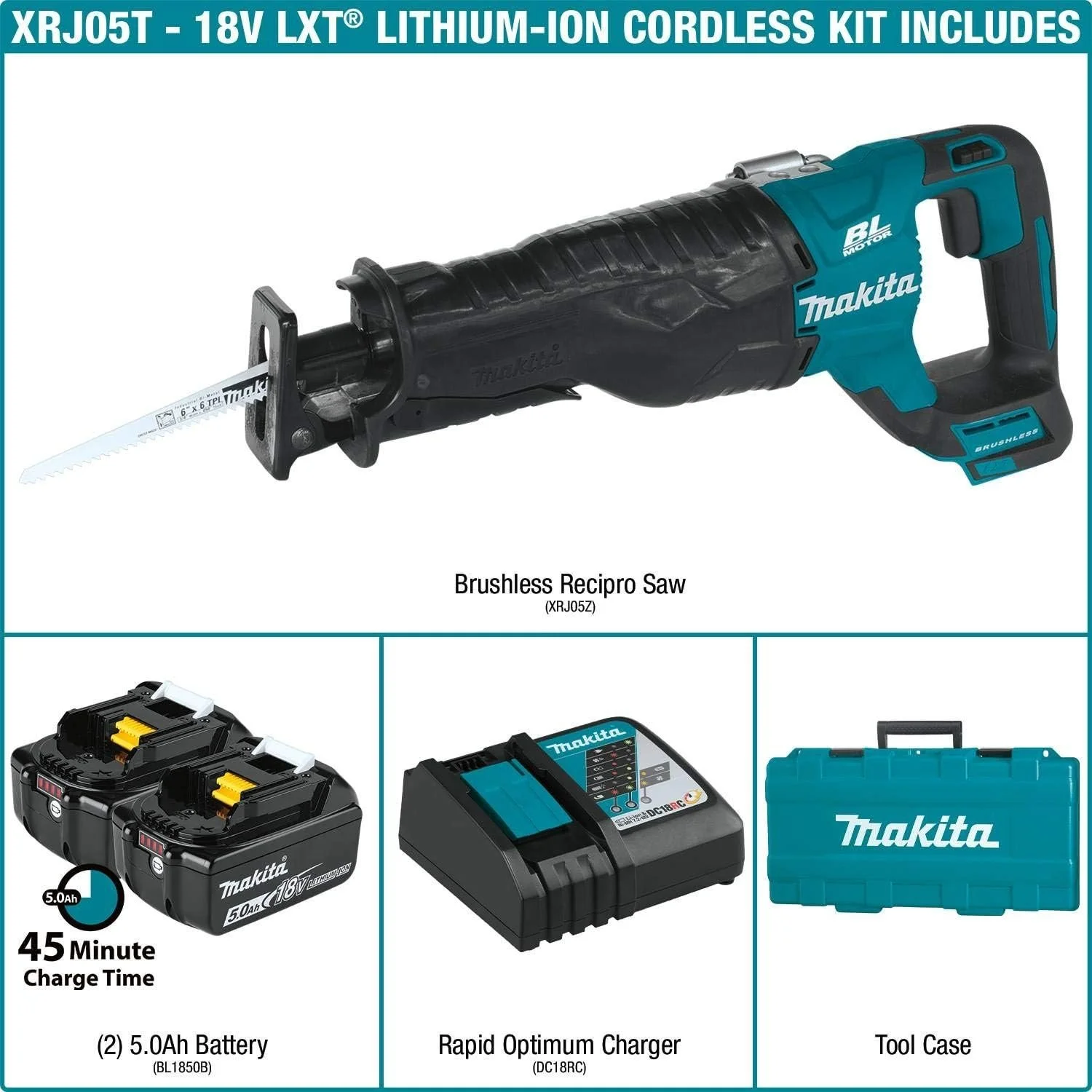 Makita LXT Cordless Recipro Saw Kit 5.0Ah Lithium-Ion 18V Brushless 0-2300/3000