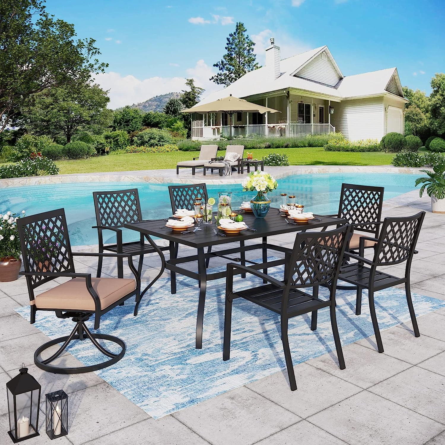 & William Patio Dining Set for 6 Outdoor Furniture Set 7 Pieces  4 x Metal Dining Chairs  2 Swivel Chairs with 1 Rectangular Metal Dining Table Outdoor Patio Set for Outdoor Lawn Gard