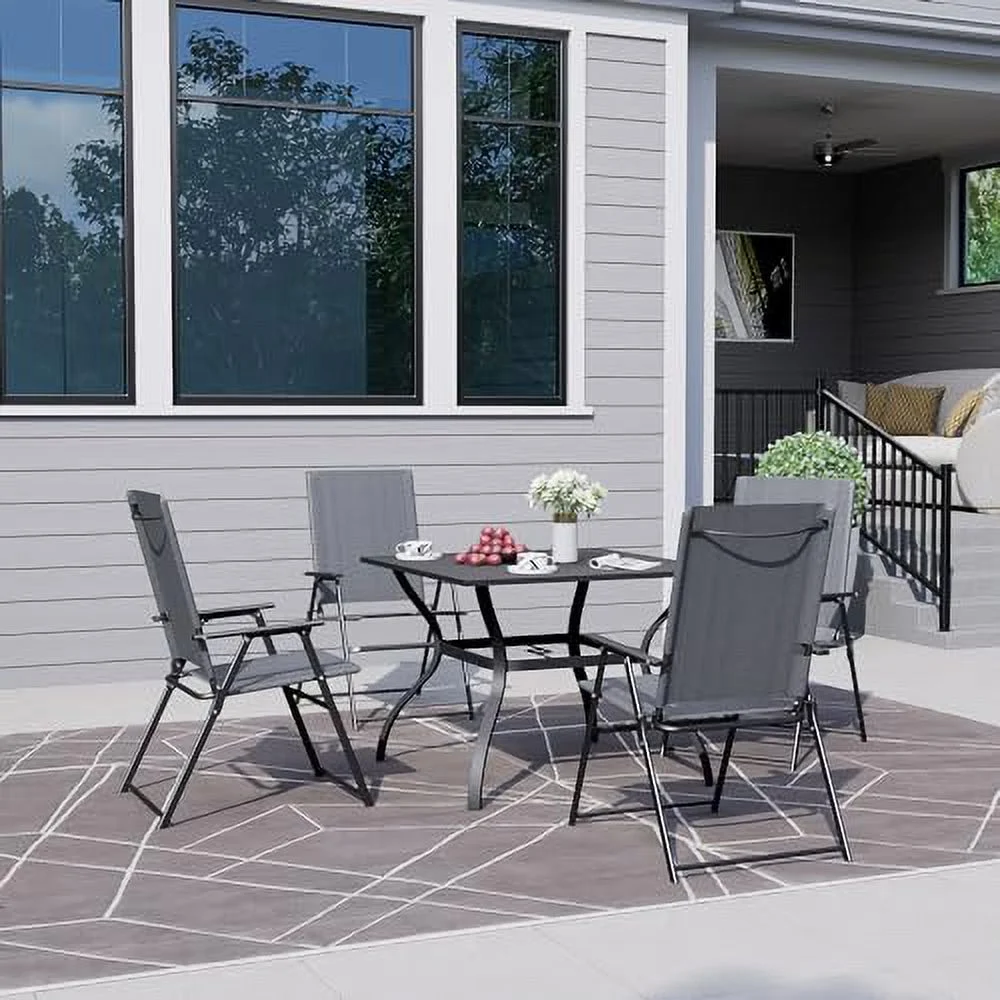 4 Pieces Patio Folding Chairs, Outdoor Portable Dining Chairs for Outdoor & Indoor, Sling Back Chairs with Armrests for Lawn, Pool, Courtyard, Balcony & Garden Set of 4 Grey