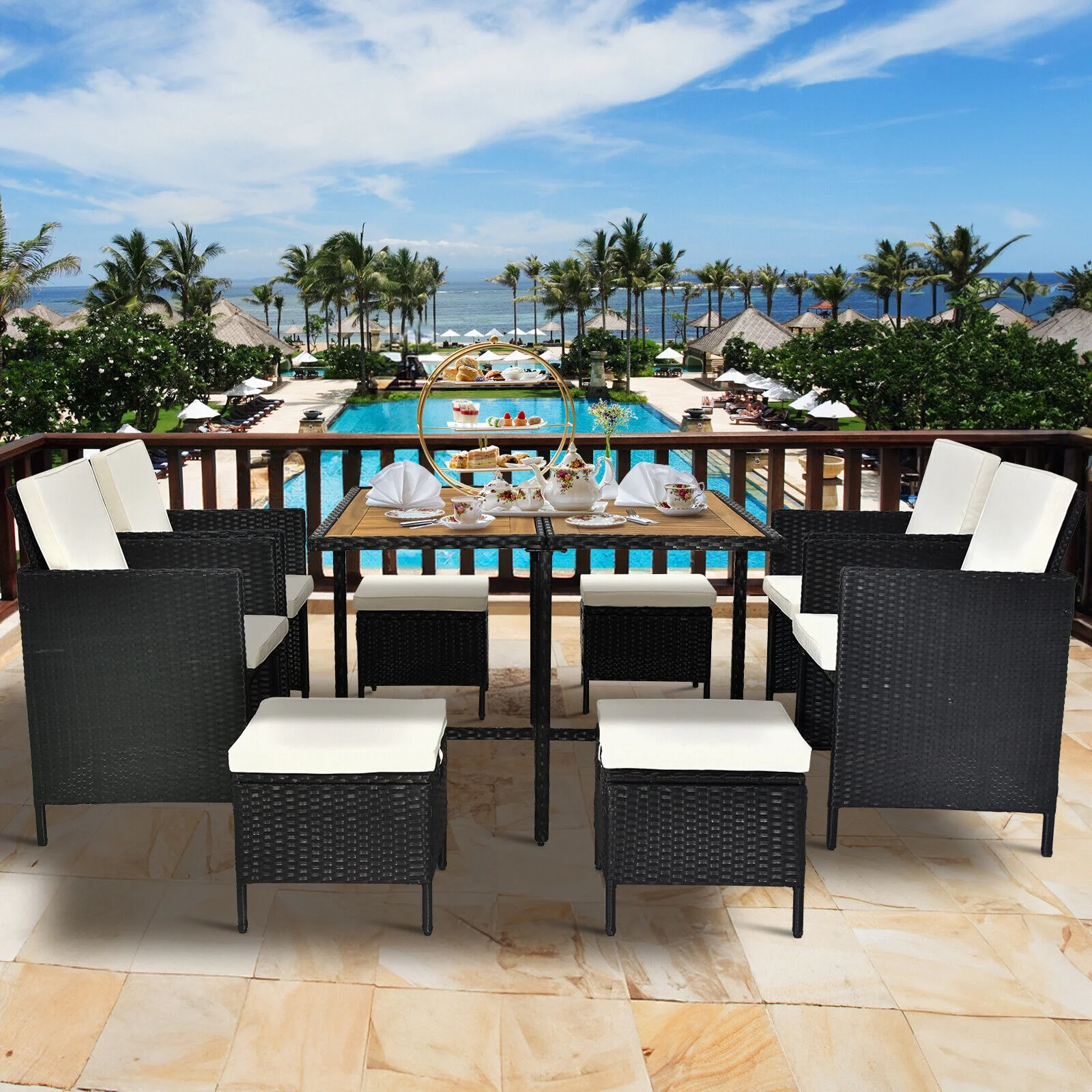 9 Pieces Patio Dining Furniture Set Wicker Sofas Rattan Chair Conversation Table