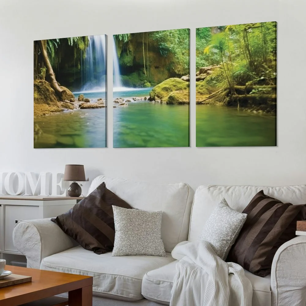 Jiayy Waterfall Tropical Forest Stream Art Wall Decor Oil Painting 12x16in x3 Print On Canvas Living Room Bedroom Home Office Wall Decor 12x16x3pcs