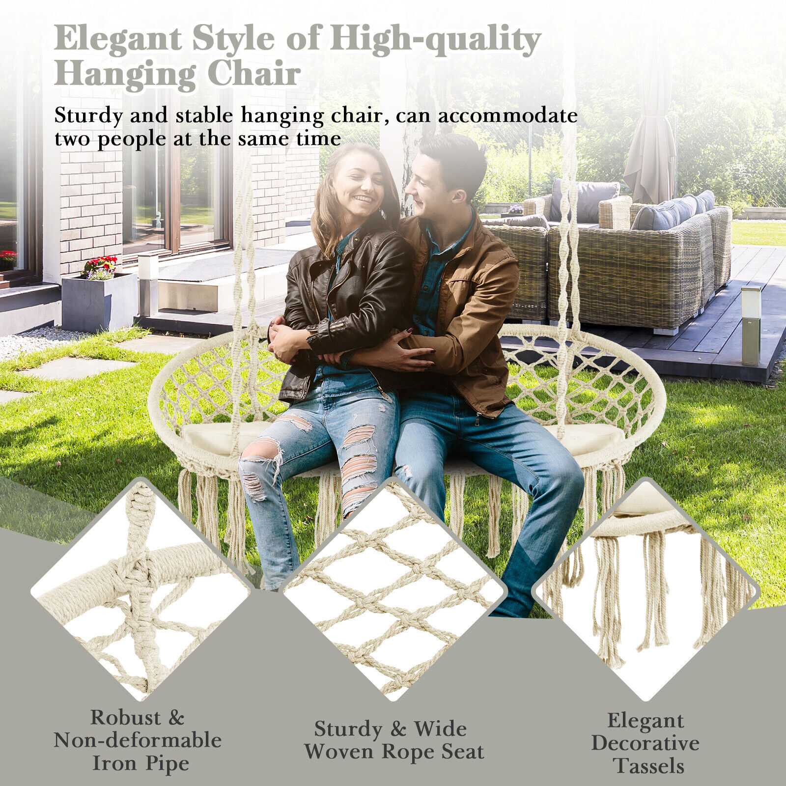 2 Person Hanging Hammock Chair with Cushion Macrame Swing 330 lbs Capacity Beige