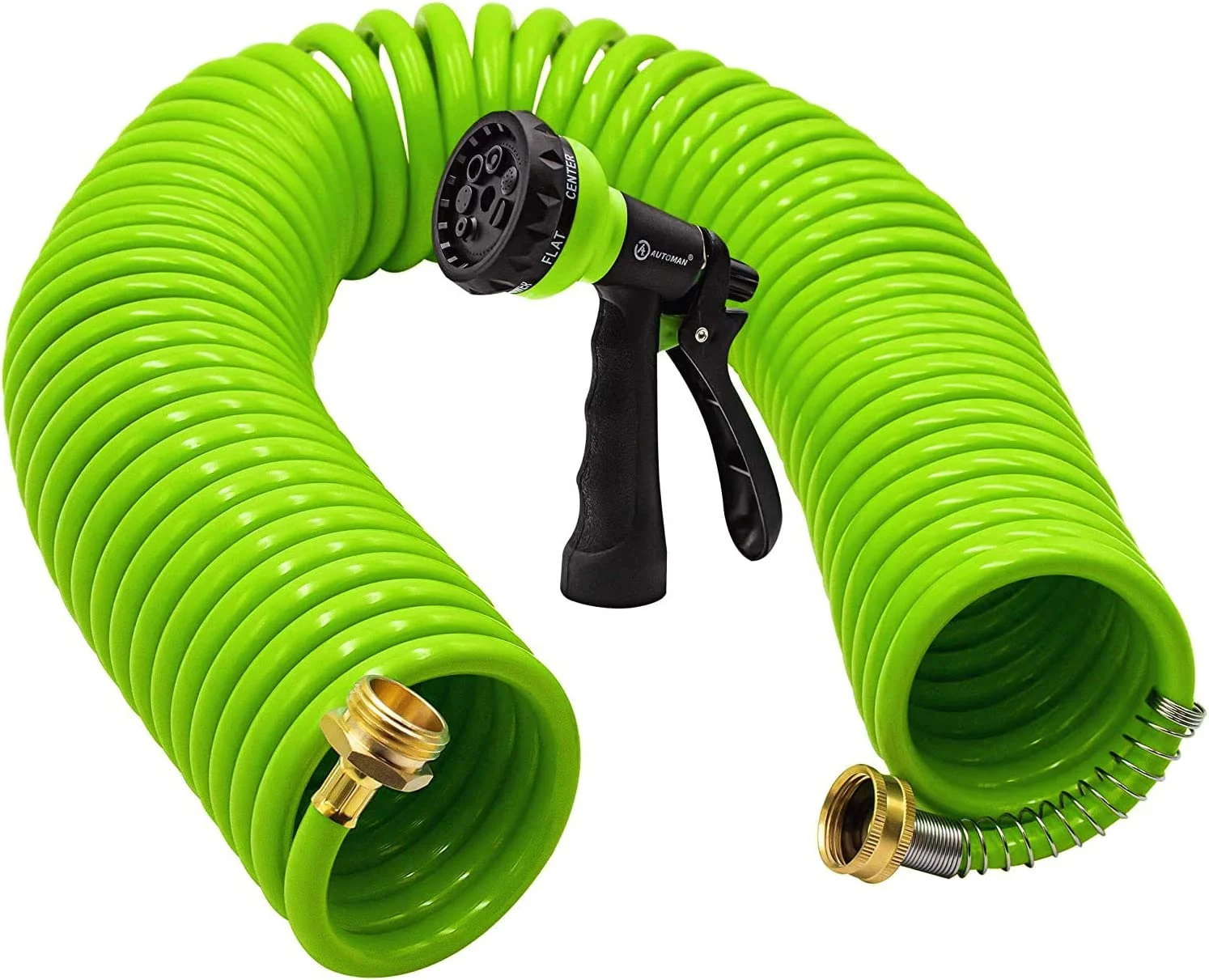 Recoil Garden Water Hose 50 ft, EVA Curly Water Hose with Brass Connectors, Garden Hose Coil,Includes 7-Pattern Function Sprayer,Retractable,Corrosion Resistant Garden Coil Hose.Green