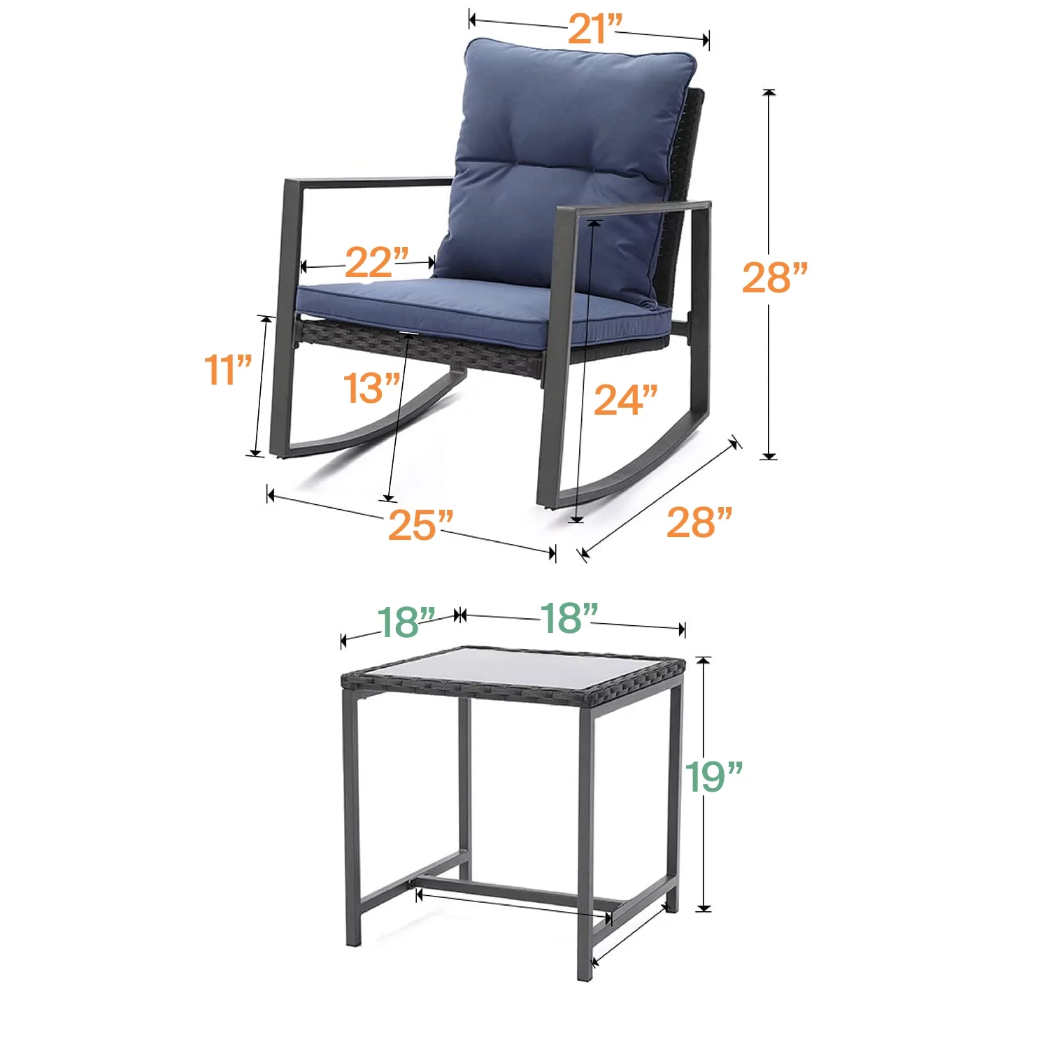 Patio 3-Piece Rocking&nbsp;Rocking Chair Set: Black Wicker Furniture-Two Chairs with Glass&nbsp;occasional&nbsp;Table