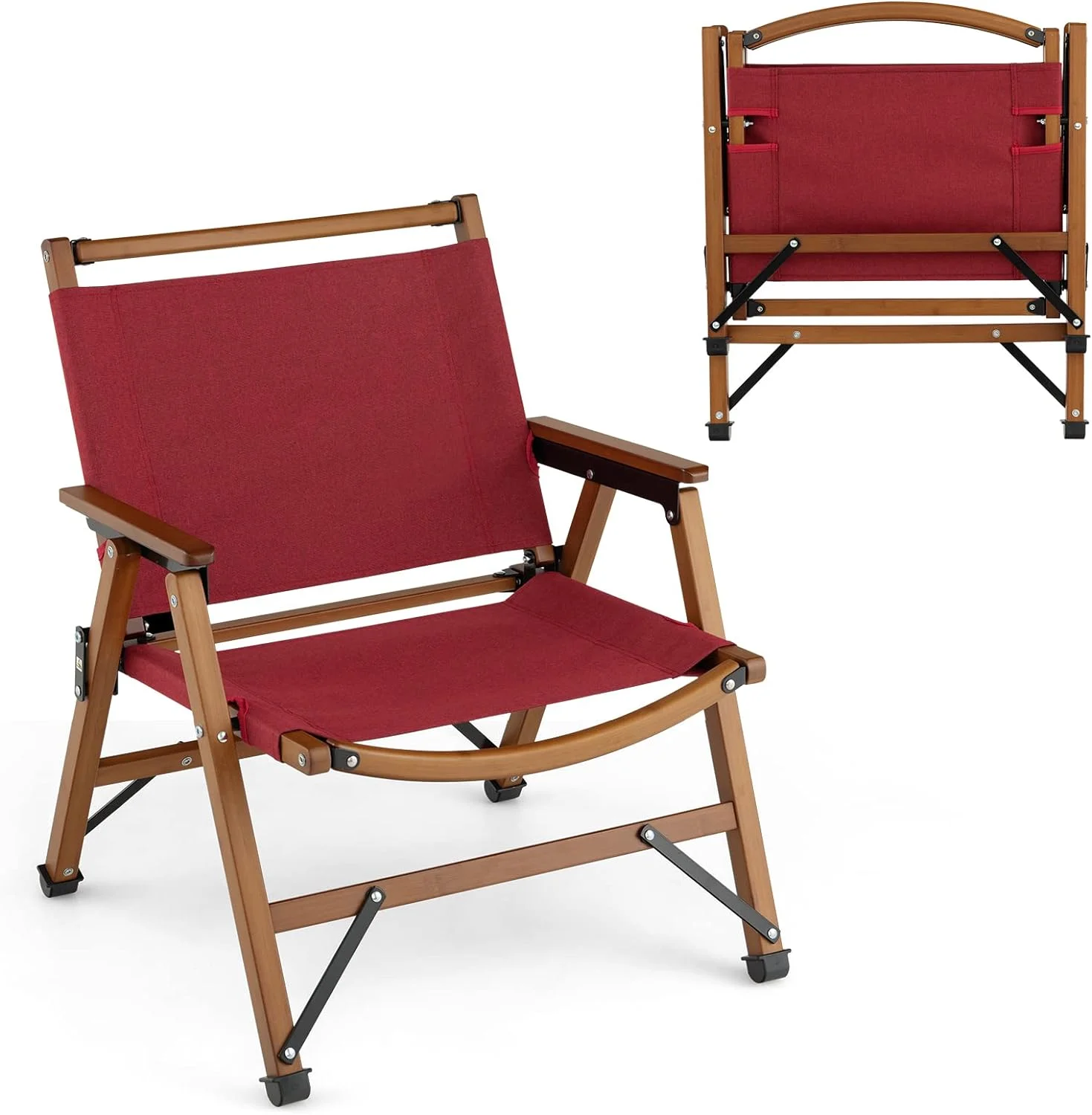 Folding Camping Chairs, Portable Low Back Beach Chairs with Solid Bamboo Frame & Breathable Fabric, Outdoor Armchairs for Picnic Concert Hiking Sports Hunting (Burgundy)