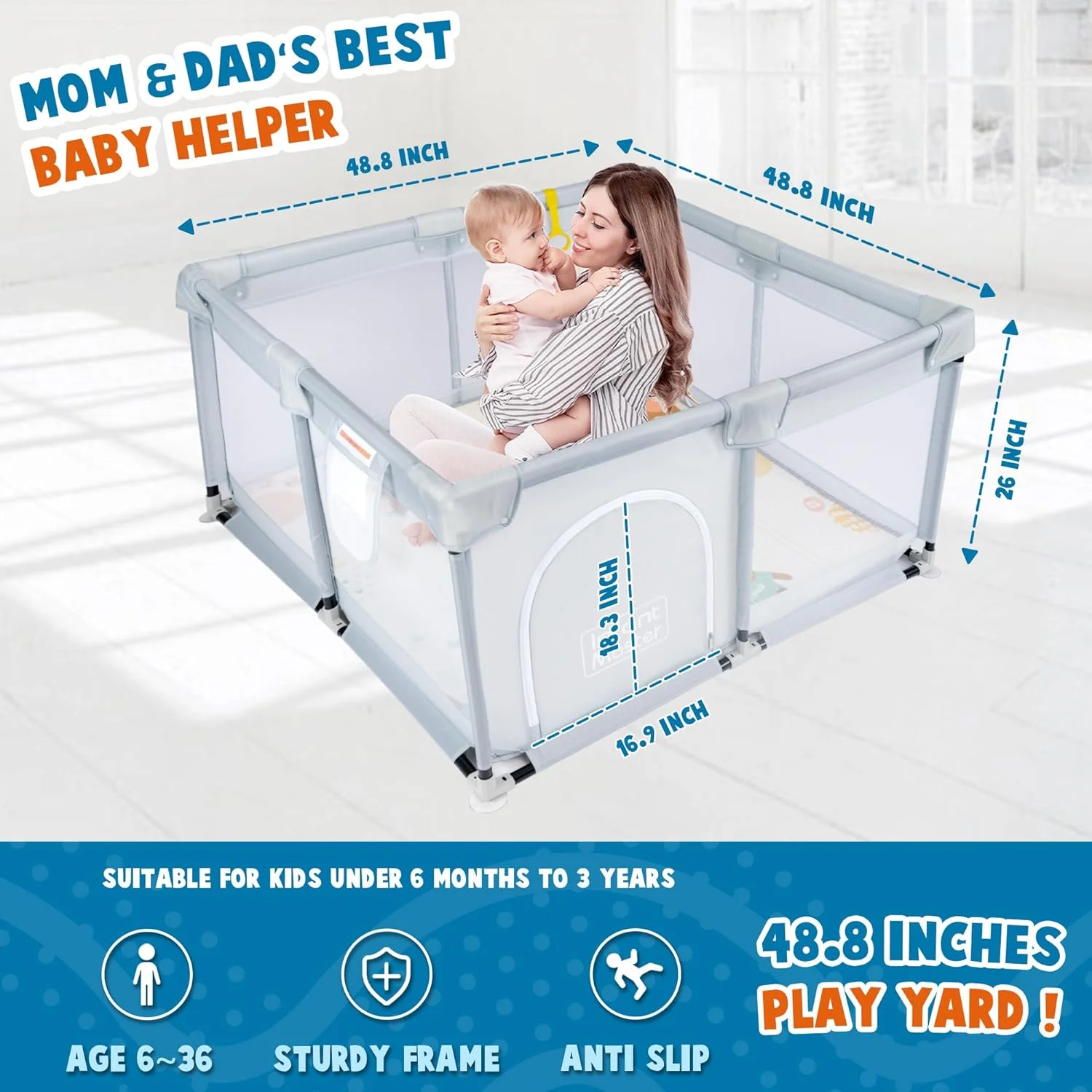 HYUN Baby Playpen, 49''x49'' Playpen for Baby & Toddler, with Portable Mat & Hand Pulling Ring, External Zipper Entrance Safe for Baby, Grey(QL-PL-G120)