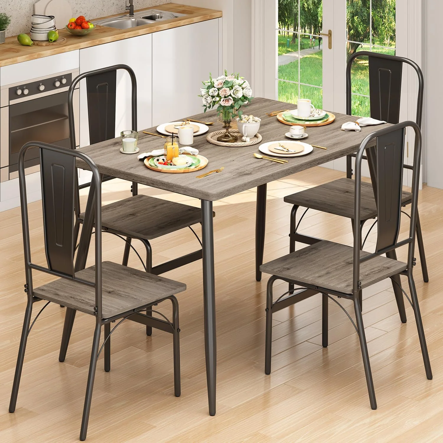Dining Table Set for 4 with One Table and Four Chairs, Small Space Dinette for Kitchen, Dining Room, Bistro, Modern Kitchen Table Set for Small Space, Apartment