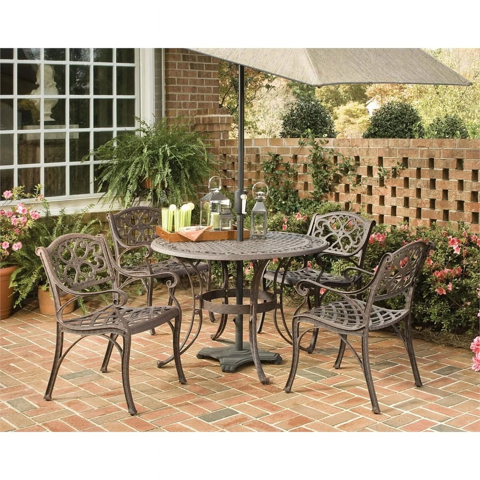 Pemberly Row Gray Aluminum 5 Piece Outdoor Dining Set with Umbrella and Cushions