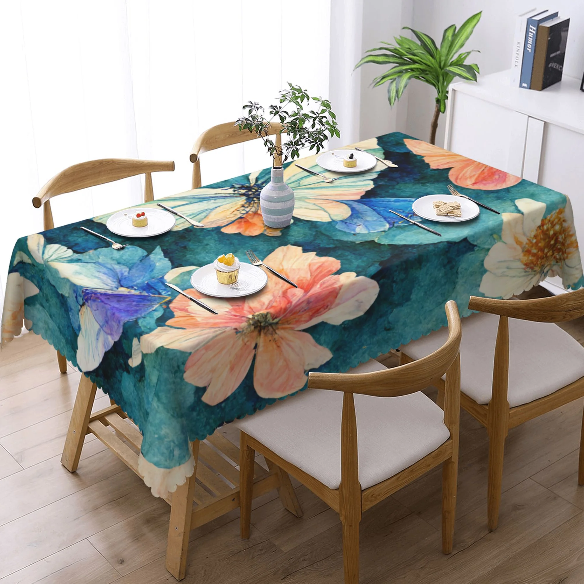YFYANG Rectangular Polyester Table Cloth Watercolor Butterfly Floral Pattern Table Cover for Indoor Outdoor Kitchen Restaurant Table Decoration Tablecloths，54