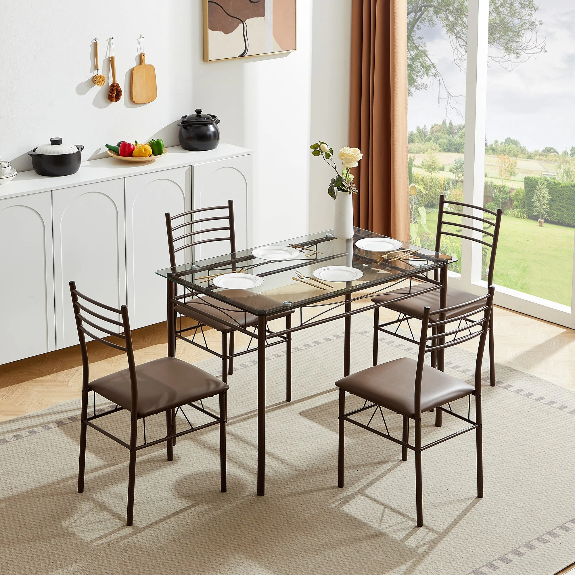 VECELO 5-Piece Dining Table Set, Kitchen Dining Room Table and 4 Chairs, Glass Table Top with Metal Frame, Space Saving, Brown