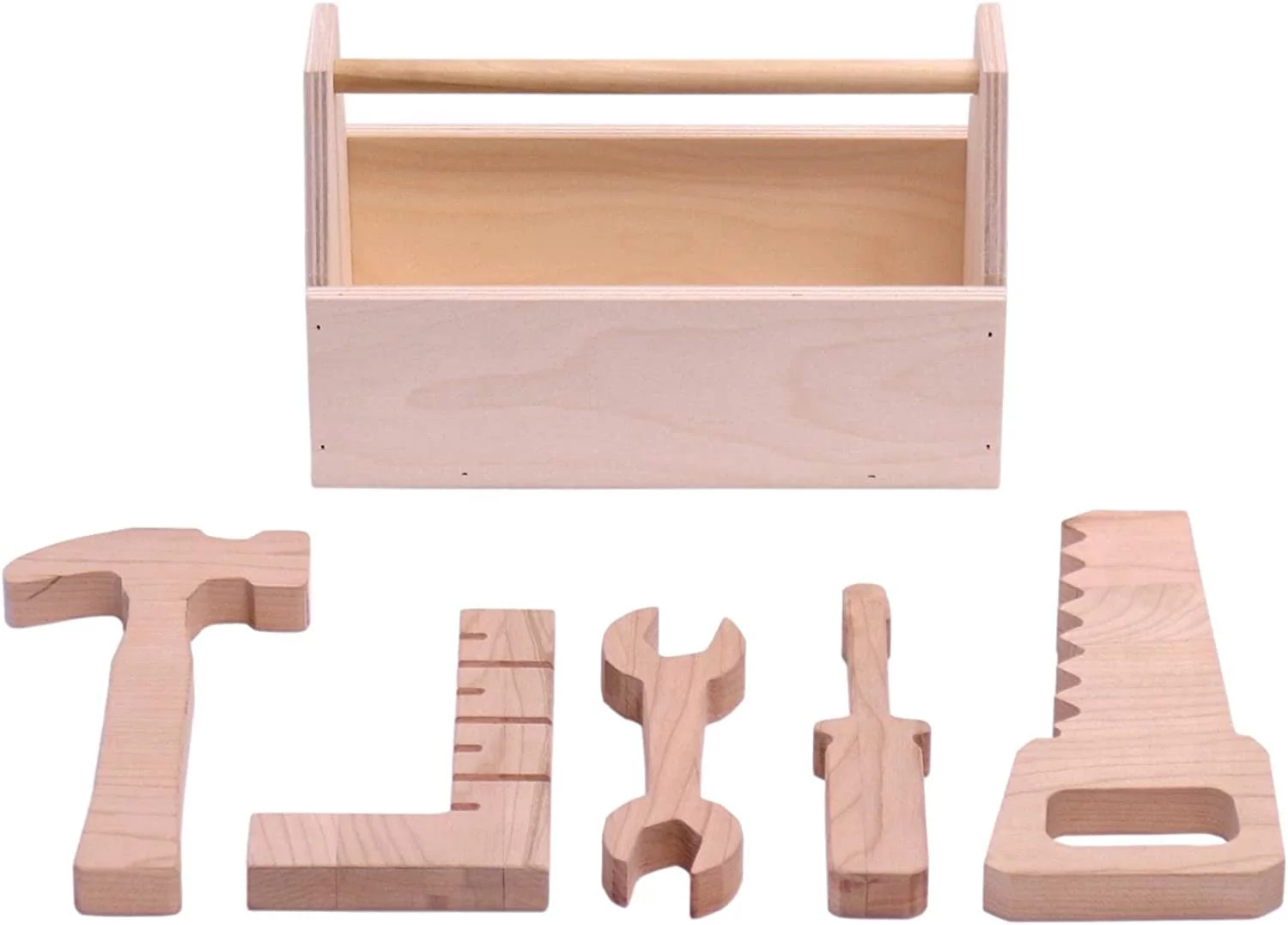 AmishToyBox.com Tool Box Toy Play Set, 6 Piece Wooden Toy Kid's Tool Set