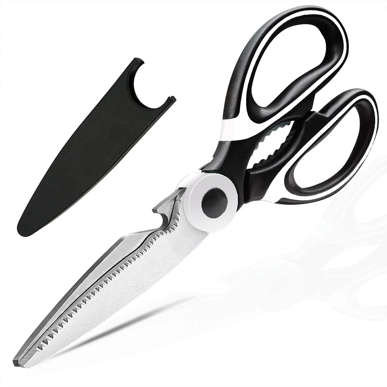 HISH Kitchen Shears with Cover,Heavy Duty Sharp Stainless Steel Multi-function Kitchen Scissors, Perfect For Preparing Beef, Chicken, Vegetables, Fish, Herbs,BBQ and More,Dishwasher Safe (Black)