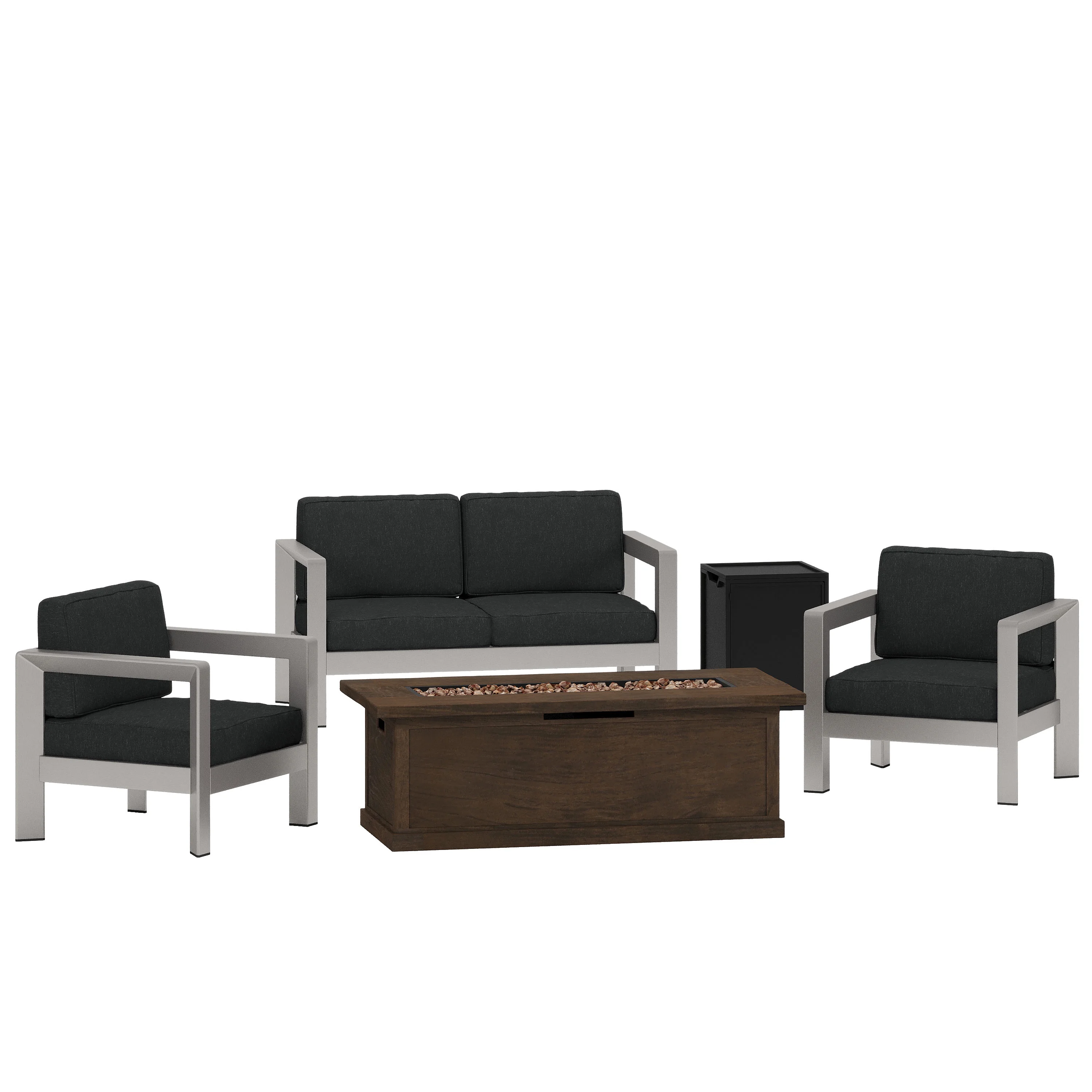 GDF Studio Niez Outdoor Aluminum 4 Seater Chat Set with Fire Pit, Silver, Gray, and Brown Wood Pattern