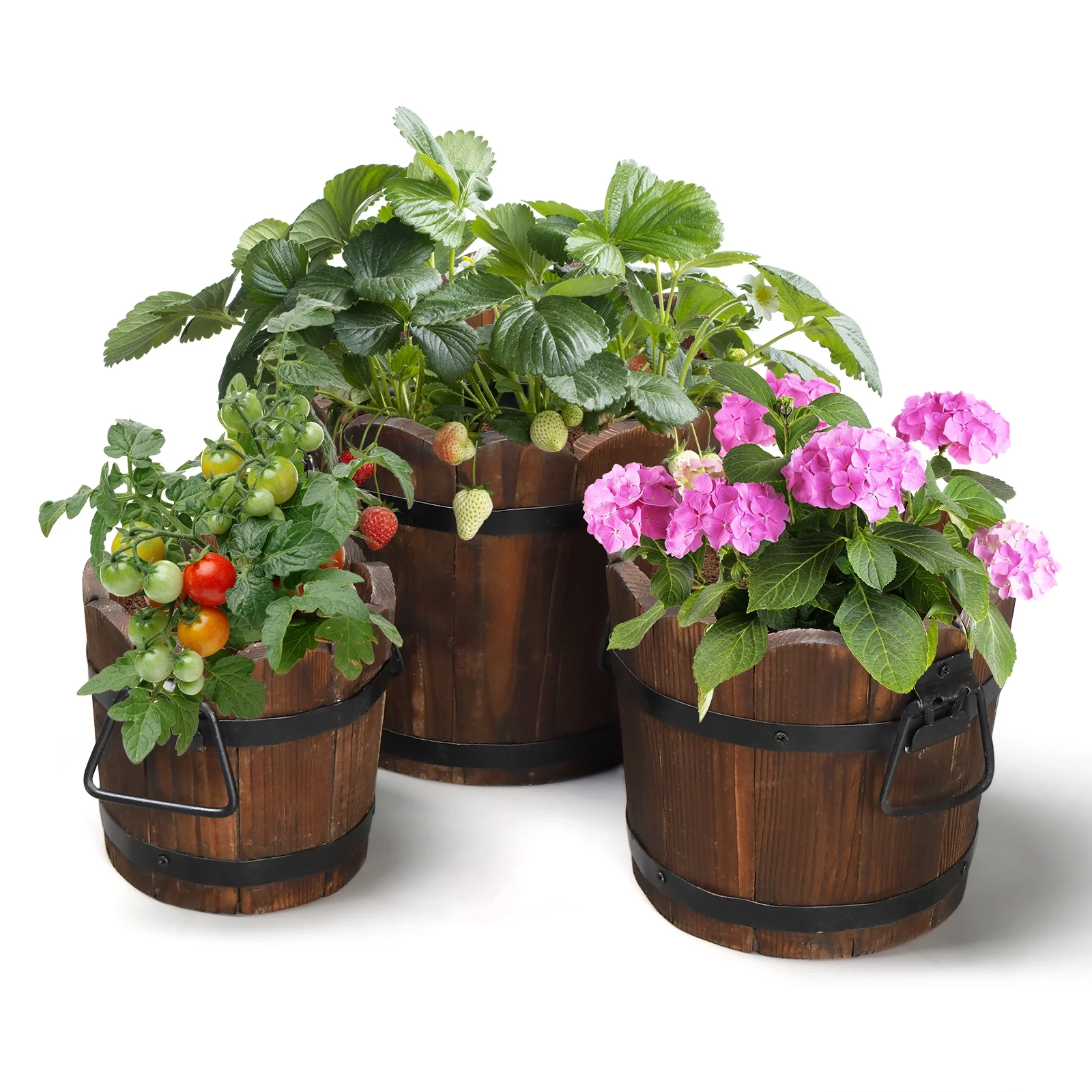 BAYUELSWU 3 Pack Wooden Whiskey Barrel Planters - 3 Sizes Wooden Bucket Barrel Garden Planters Set for Indoor Outdoor Garden Home Plants