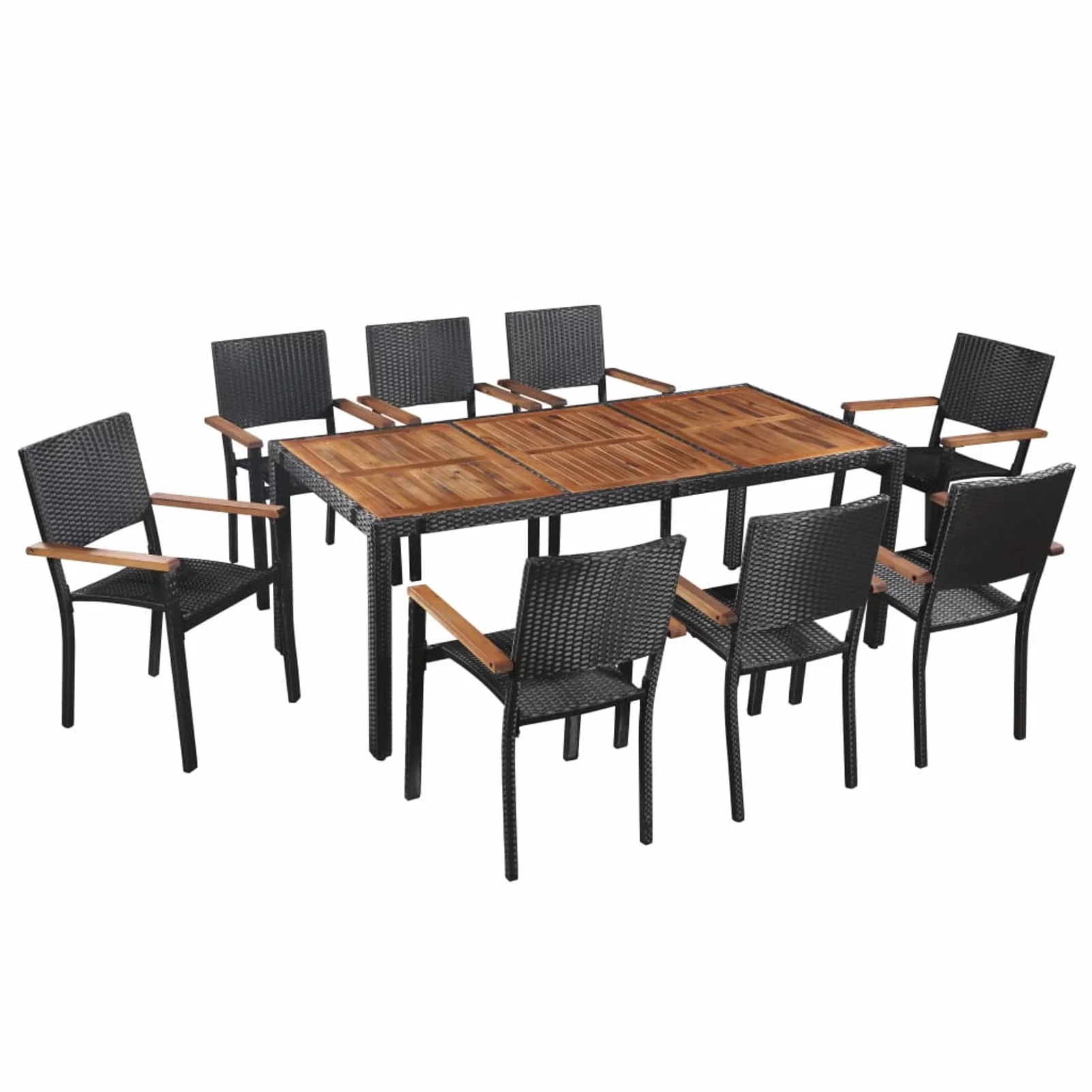 walmeck 9 Piece Patio Dining Set Poly Rattan and Acacia Wood Black