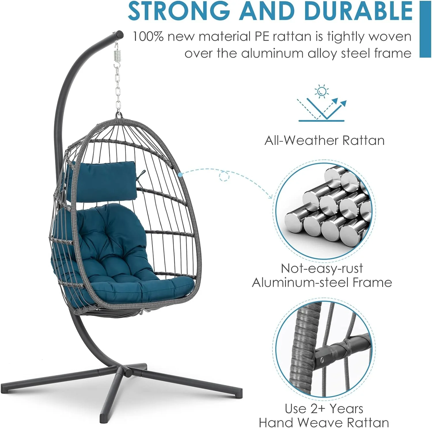 Wicker Rattan Hanging Swing Egg Chair, Aluminum Frame and UV Resistant Cushion, Indoor Outdoor Patio Porch Lounge Hand Made Chair 350LBS Capacity