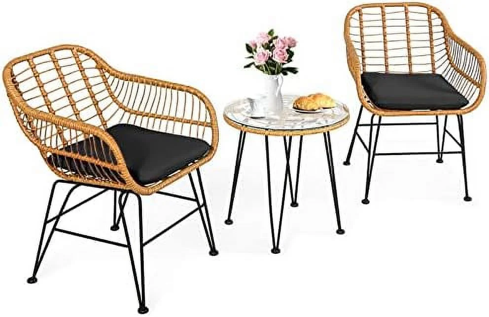 QYFZBIM 3 Pieces Rattan  with Steel Frame Round Coffee Table  Soft Cushions  Rattan Bistro  Set