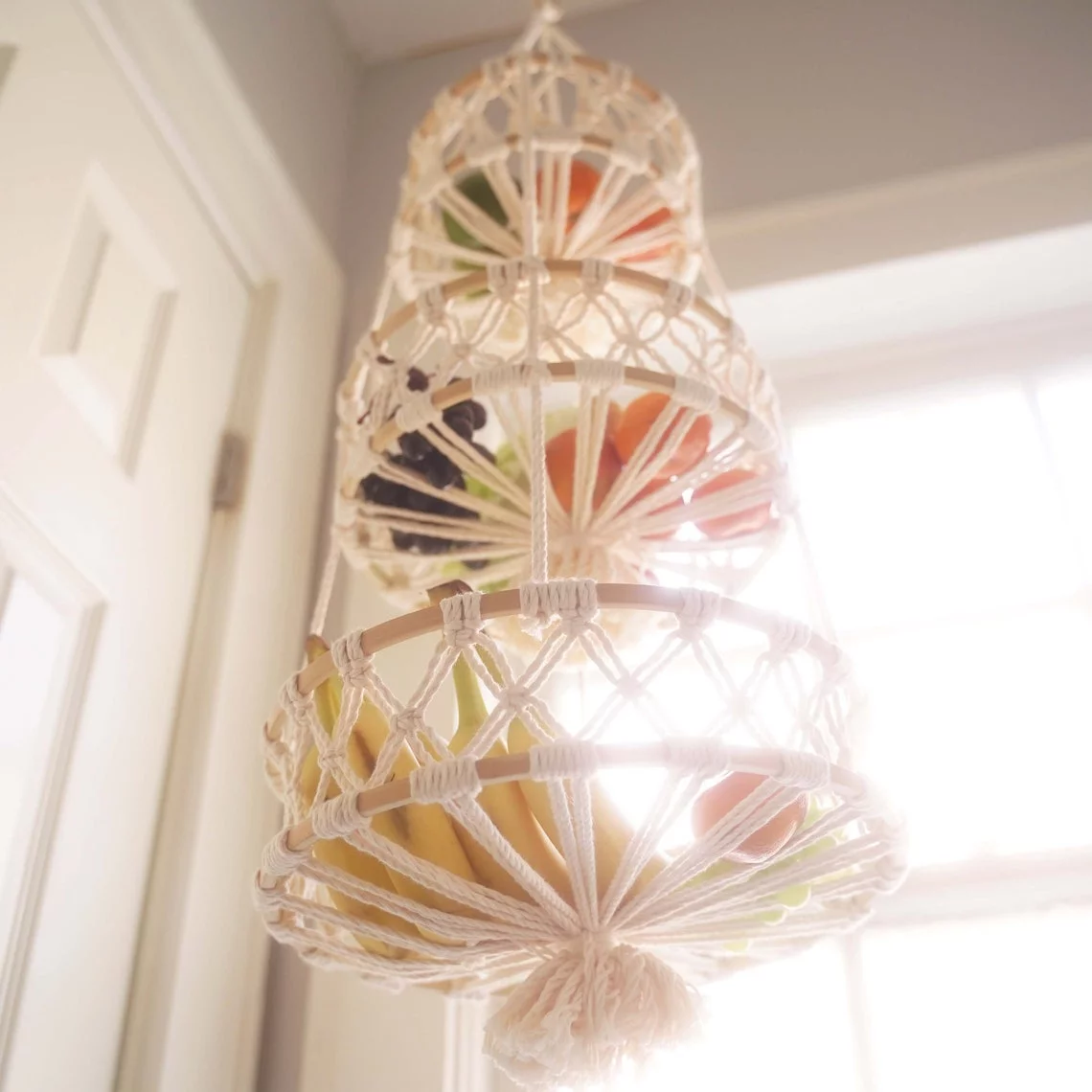 3 Tier Woven Macramé Hanging Fruit Basket Birdie Designs