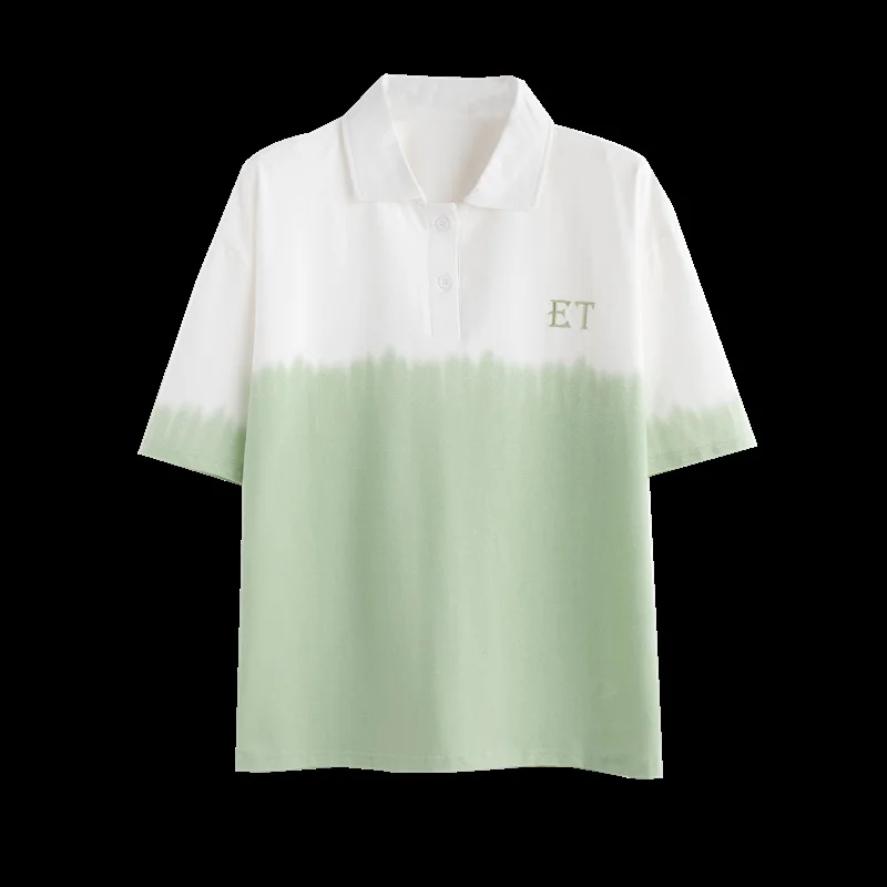 220 Grams 35 Cotton Medium And Long Summer Polo Gradient Printed Short -Sleeved T -Shirt Women