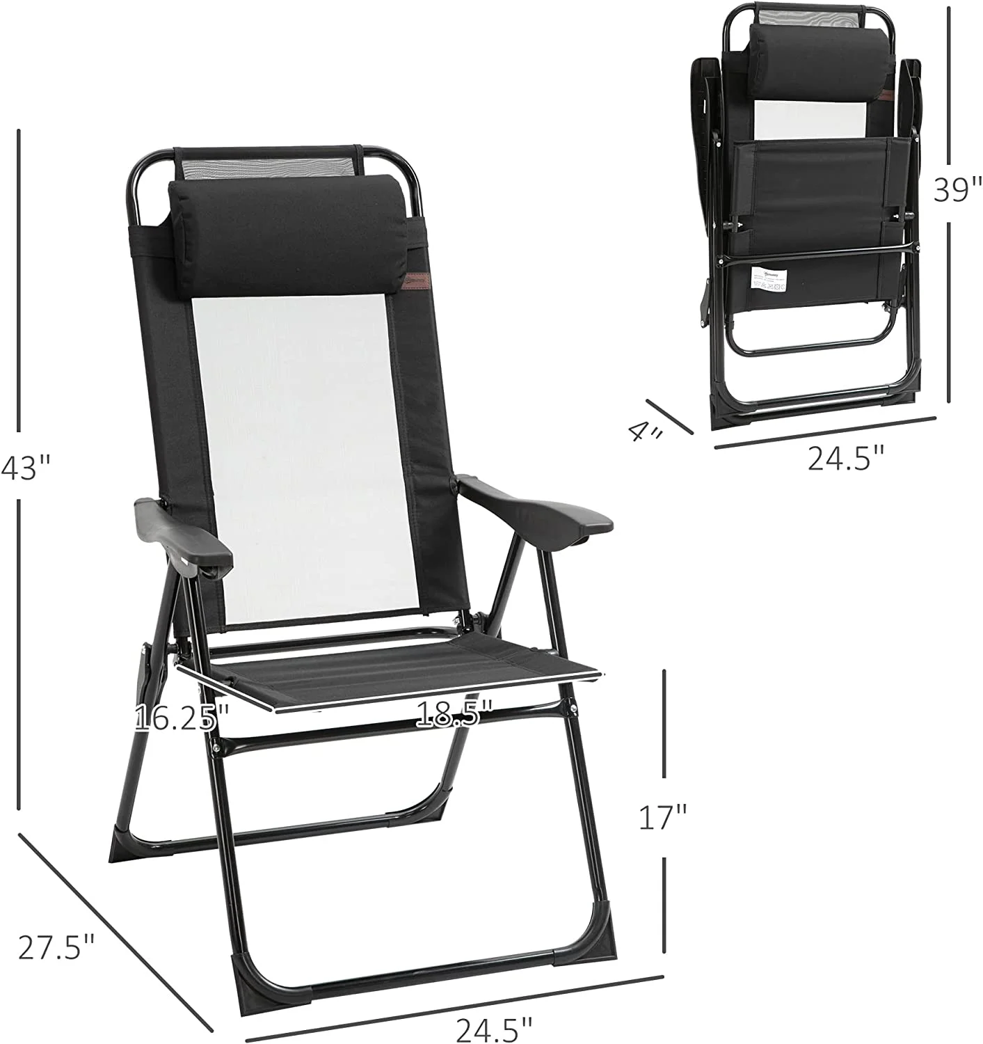 Elegant Elegant Elegant Chairs Set of 2, Outdoor Deck Chair with Adjustable Sling Back, Camping Chair with Removable Headrest for Garden, Backyard, Lawn, Black