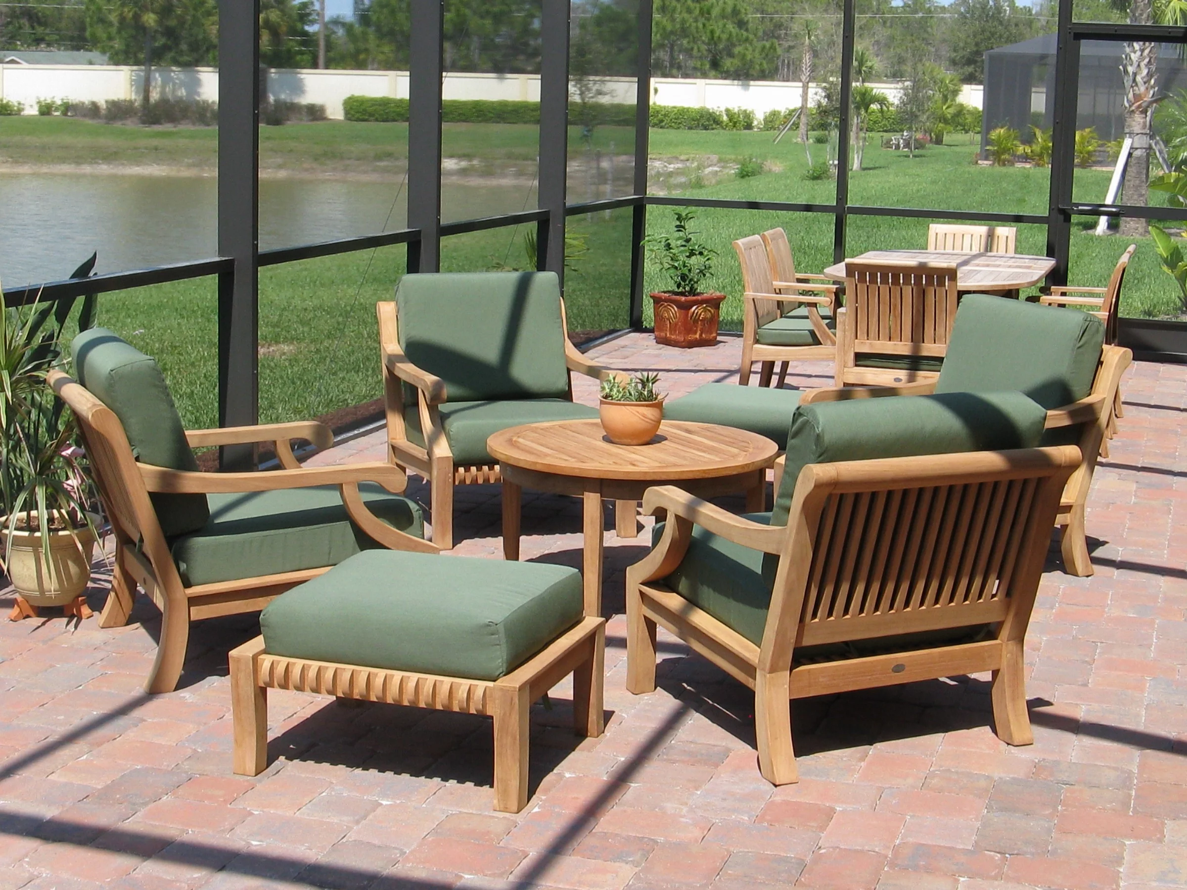 Grade-A Teak Wood Sofa Set: 7Pc 4-6 Seater Teak Sofa Lounge Chair Set - 4 Lounge Chairs, 2 Ottomans & 1 Sack Round Coffee Table -Furniture Only--Giva Collection #WMSSGV8