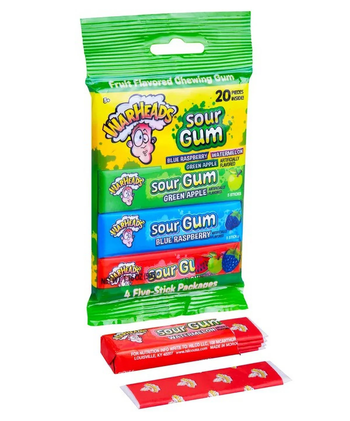Warheads Assorted Sour Gum, 4 Five-Stick Packages - 10 Count Display Box