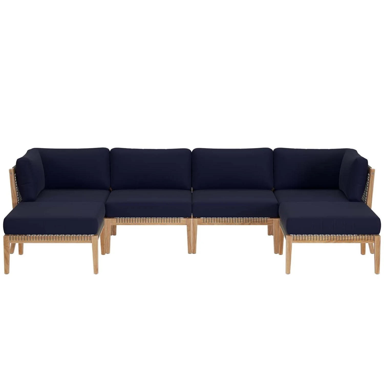 Lounge Sectional Sofa Set, Blue Navy Natural, Teak Wood, Outdoor Patio Balcony Cafe Bistro Garden Hospitality Restaurant, Modern Contemporary HB34458