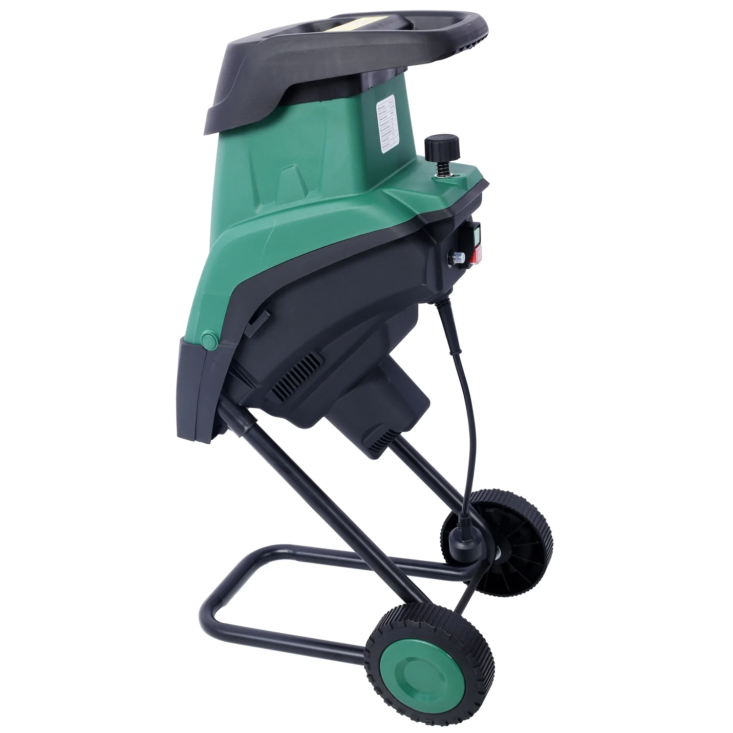 Efficient Green Portable Electric Wood Chipper/Shredder with Wheels - Featuring Double Sided Blade System and 15Amp Motor - Ideal for Yard Maintenance - Includes Auto Shut-Off and Chippin
