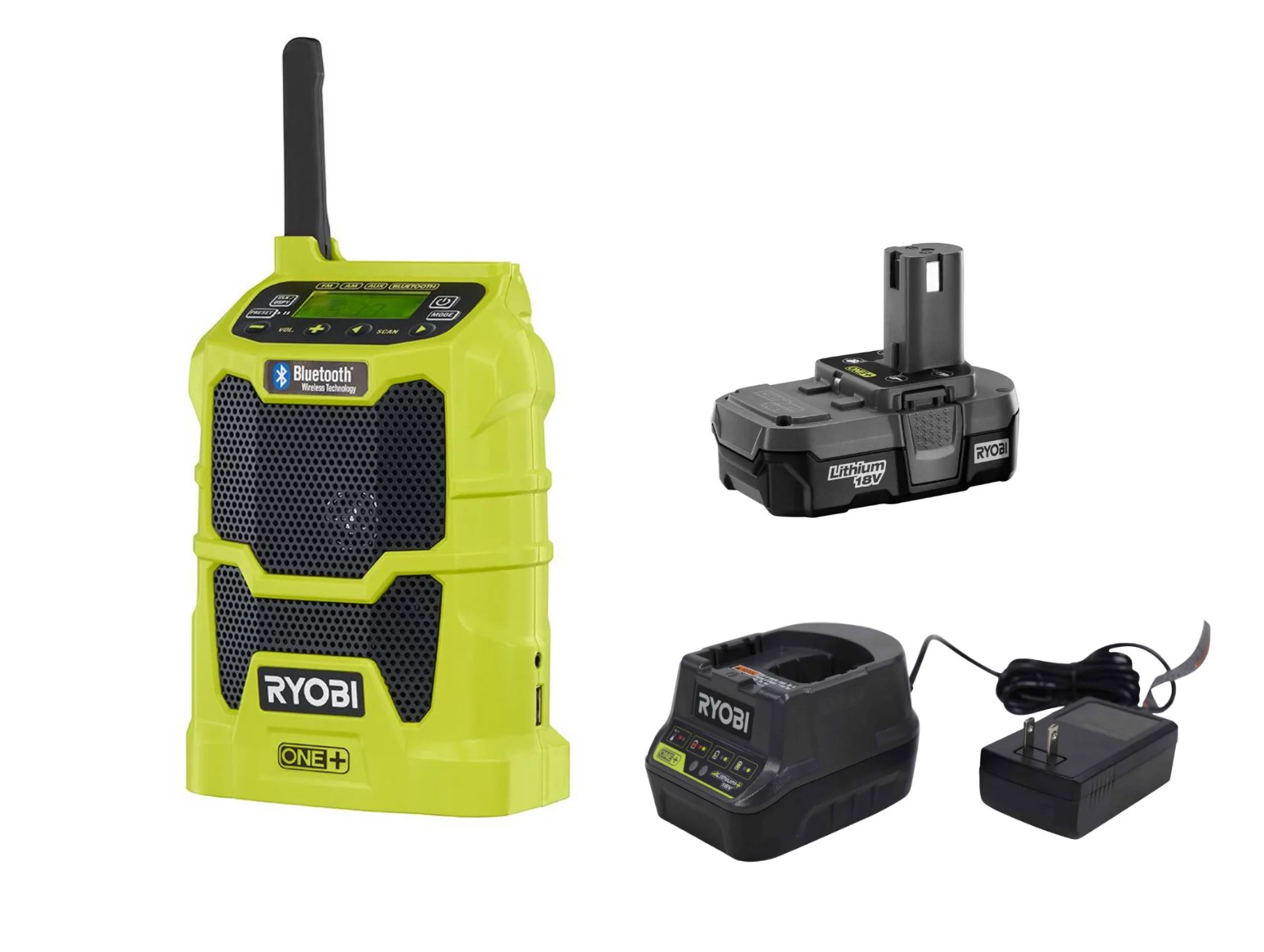 Ryobi 18V ONE+ Cordless Compact Bluetooth Radio Kit (Includes: P742 Radio, P102 Lithium-ion Battery Pack, P118b Charger)