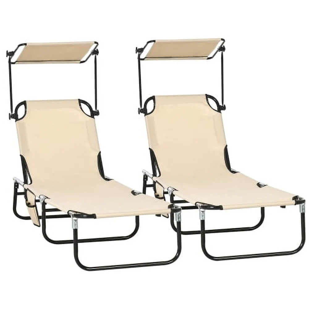 SQEWRED Folding Chaise Lounge Pool Chairs  Outdoor Sun Tanning Chairs with Canopy Shade  Reclining Back  Steel Frame and Side Pocket for Beach  Yard  Patio  Tan