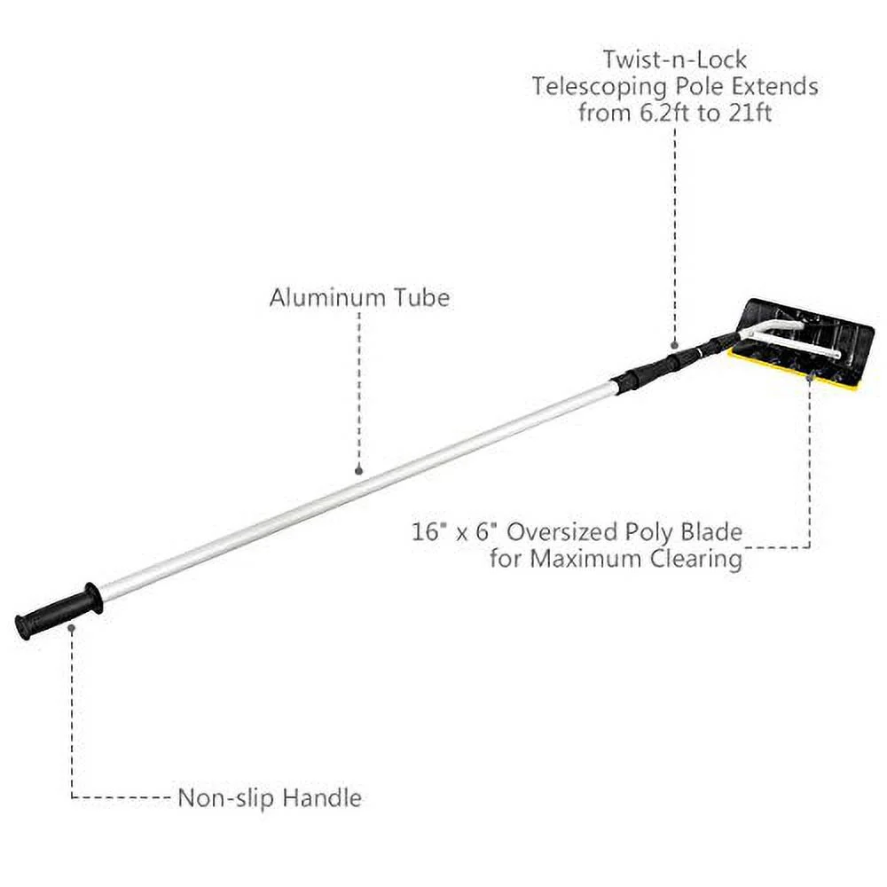 Happytools Telescoping Snow Roof Rake, 21’ Lightweight Aluminum Snow Removal Tool with Extendable Pole and Poly  for Metal Roof, Asphalt Roof, Car and Solar Panel