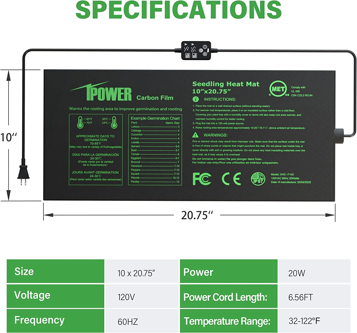 iPower Seedling Mat for Plants with Dual Digital Temperature Controller, MET Certified Heating Pad, Black