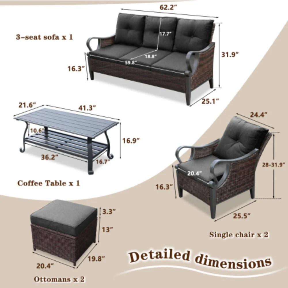 6 Pcs Outdoor Sectional Sofa With Reclining Backrest, Ottomans, Black Cushions  Brown+Black + Rattan+Metal + Foam + Garden & Outdoor + Seats 8 + Sectional Seating Groups