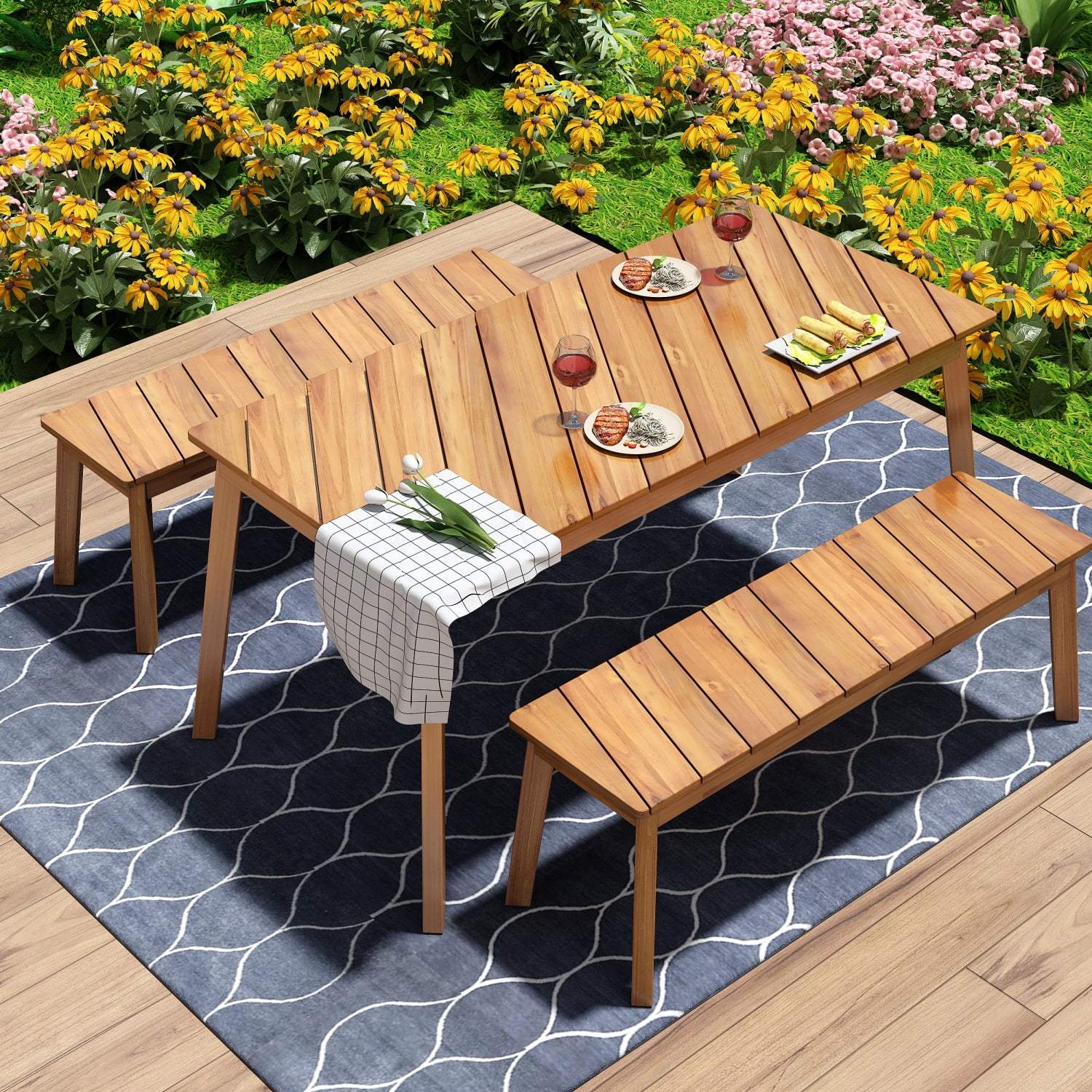 3 Exquisite Pieces of Acacia Wood Dining Set for Outdoor & Indoor Use - Sturdy Table and 2 Benches  Perfect for Picnics and Beer Parties on Patio  Porch  Garden  Poolside - Natural Finish