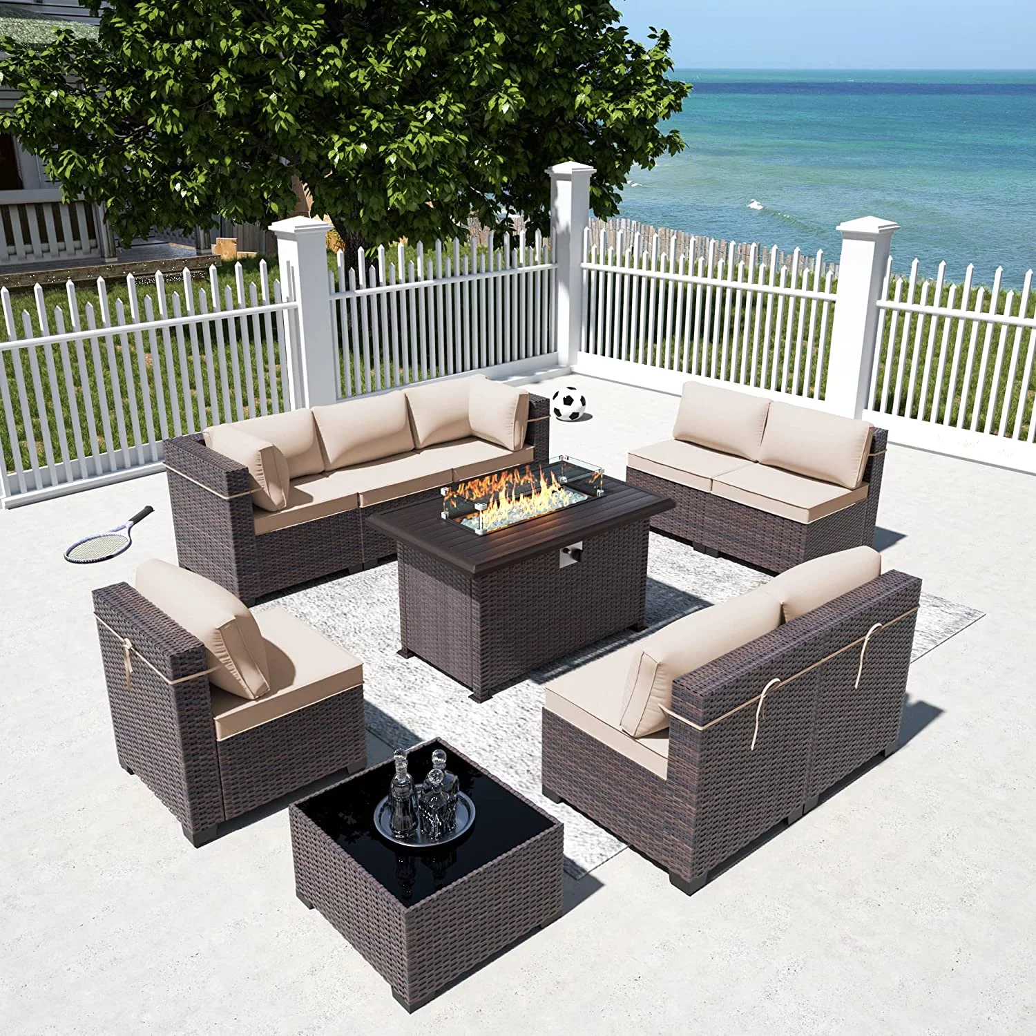 Outdoor Patio Furniture Set  14 Pieces Outdoor Furniture All Weather Patio Sectional Sofa PE Wicker Modular Conversation Sets with Coffee Table 12 Chairs & Seat Clips(Sand)