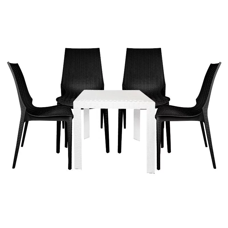 LeisureMod Kent Modern Weave Design 5-Piece Outdoor Patio Dining Set White Black